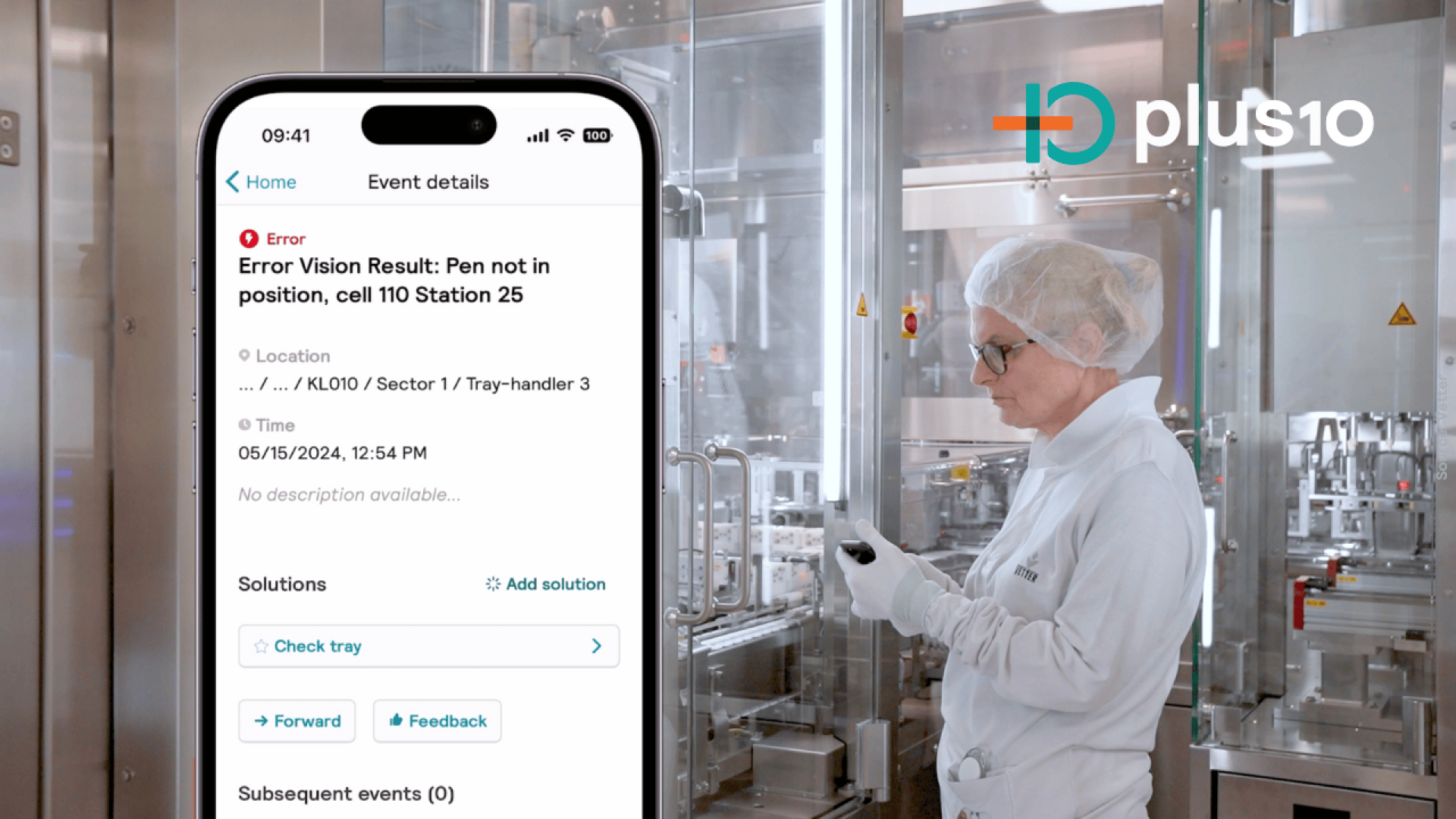 A technician in a lab coat and hairnet checks the devices in a modern laboratory. In the foreground, a smartphone screen displays an error message about an out-of-position pin on cell 110, with the plus10 logo in the background.