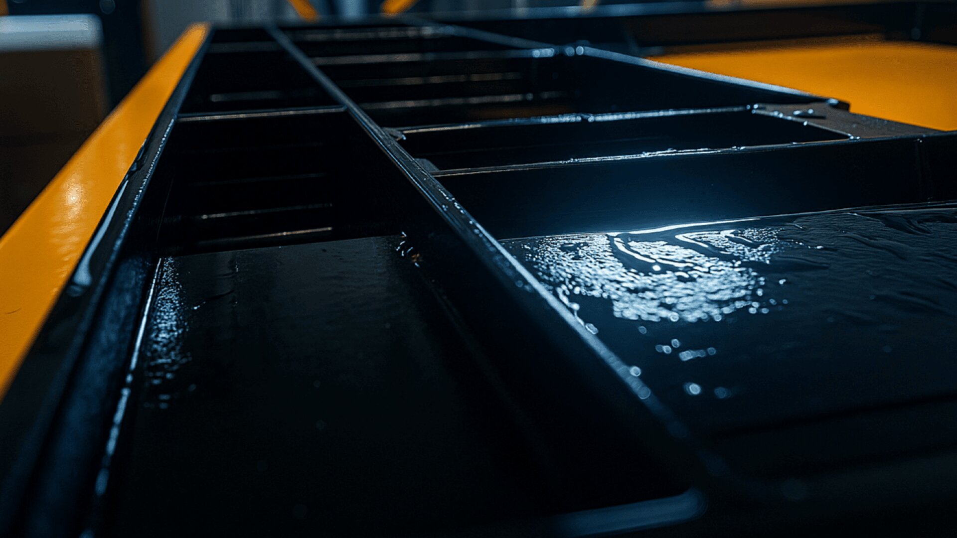 Close-up of a black metal grid structure with water droplets, illuminated by a soft blue light, set against a yellow background. The composition emphasizes reflections and geometric lines.