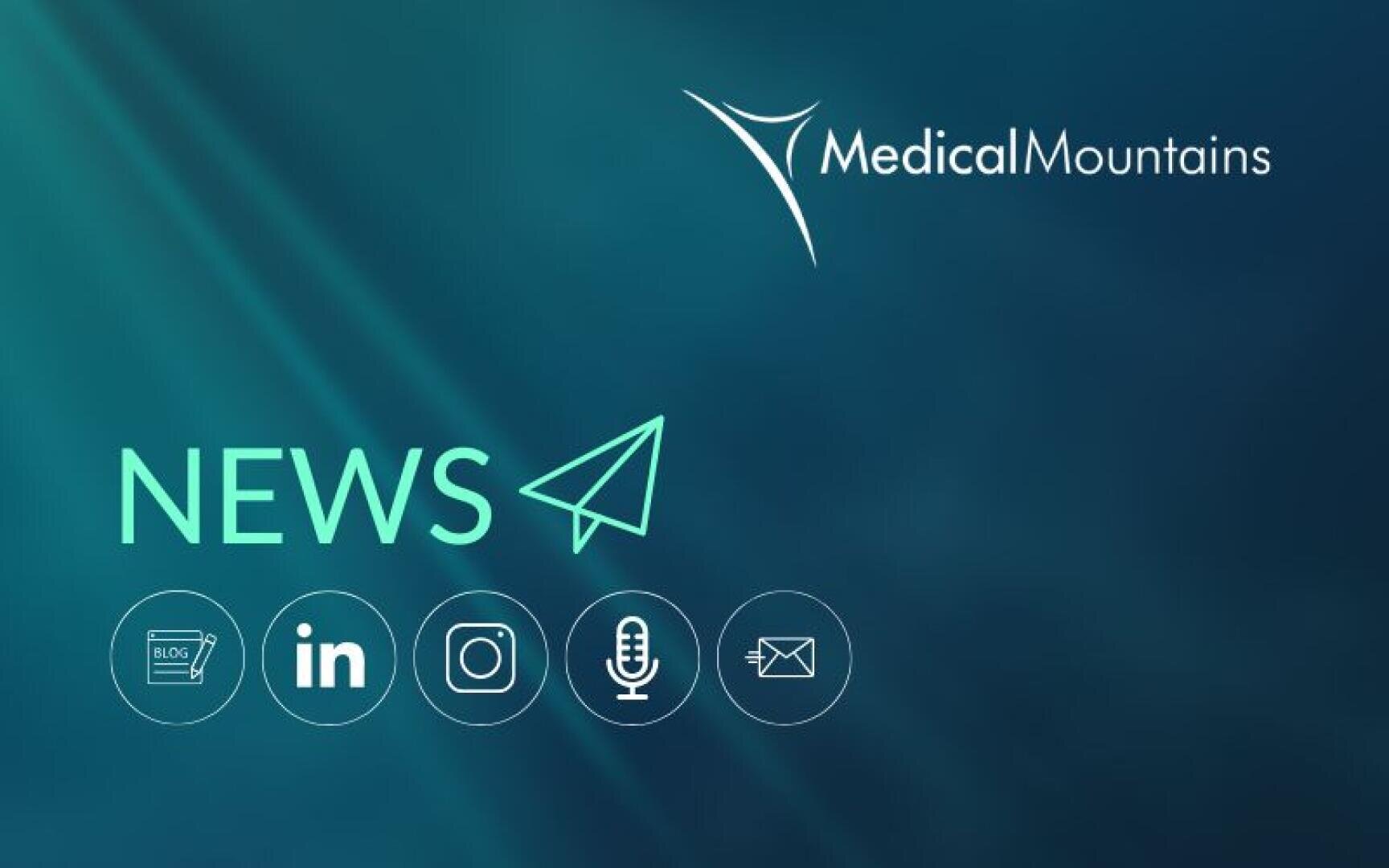 Graphic with NEWS in large letters, a paper airplane symbol and the MedicalMountains logo on a blue background. Below this are icons for a blog, LinkedIn, Instagram, podcast and email.