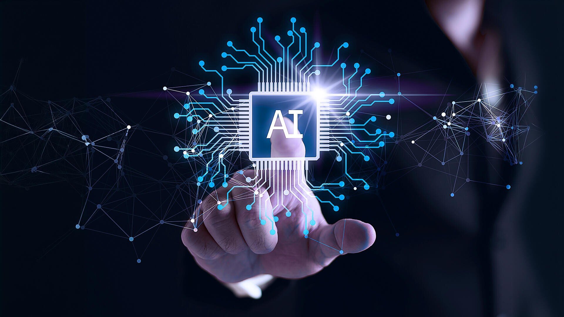Die Hand einer Person berührt ein leuchtendes KI-Mikrochip-Symbol, das von digitalen Schaltkreisen und einem Netz aus blauen Verbindungen umgeben ist und künstliche Intelligenz und technologische Innovation symbolisiert.