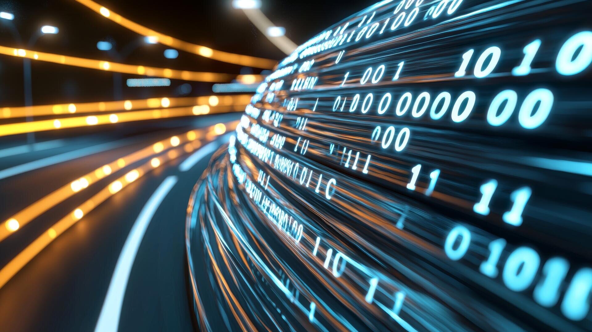 Eine digitale Illustration einer gekrümmten Fläche mit leuchtendem Binärcode (Einsen und Nullen), umgeben von bewegungsunscharfen orangefarbenen und weißen Lichtspuren, als Symbol für Hochgeschwindigkeitsdatenübertragung und Technologie.
