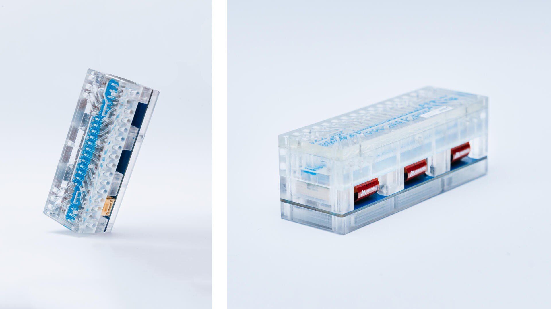 Two views of a transparent, rectangular electronic component with visible internal circuits, blue and red elements and a transparent plastic housing, shown on a white background.