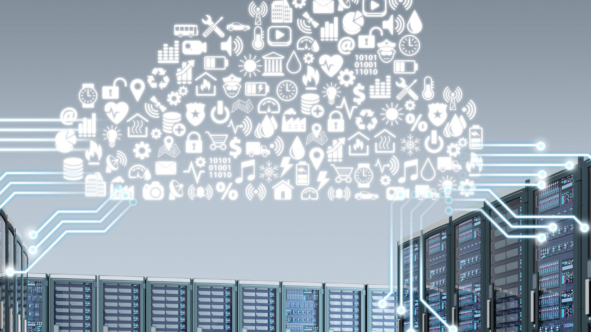 Eine wolkenförmige Ansammlung weißer digitaler Symbole schwebt über Datenservern, die für Cloud Computing und Datenspeicherung stehen. Blaue Leitungen verbinden die Server mit der Symbolwolke und symbolisieren Datenübertragung und Technologie.