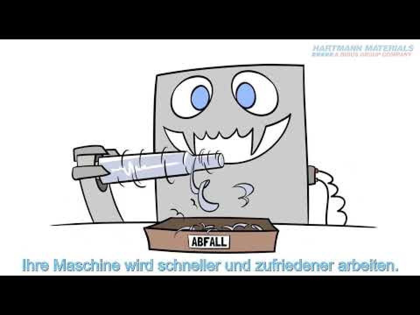 Ein Cartoon-Roboter mit breitem Grinsen steckt ein leeres Röhrchen in eine Schachtel mit der Aufschrift ABFALL (Abfall). Der blaue deutsche Text darunter lautet: Ihre Maschine wird schneller und zufriedener arbeiten.