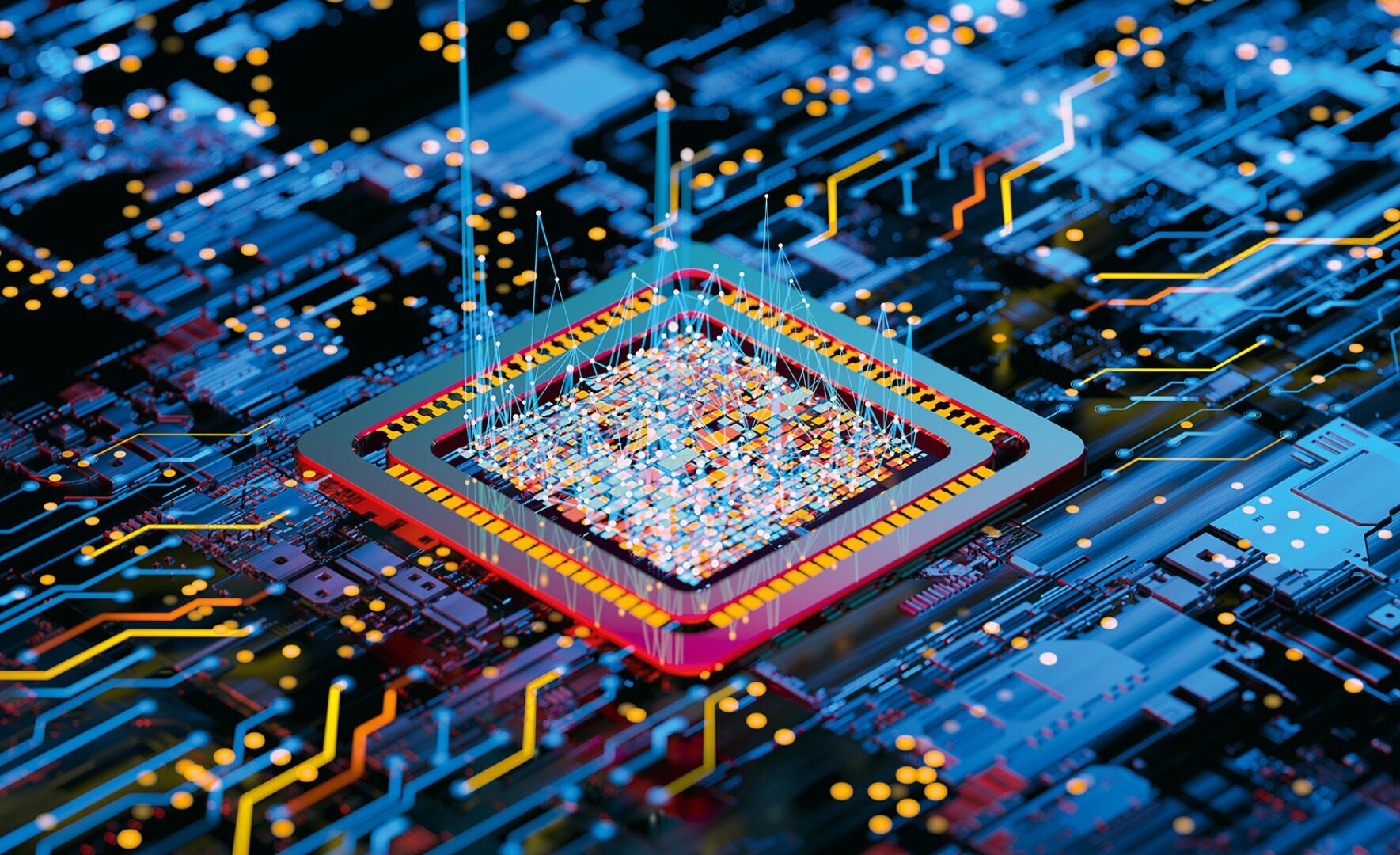 A colorful, stylized illustration of a computer microchip on a circuit board, with glowing lines and data dots representing digital connections and electronic activity.