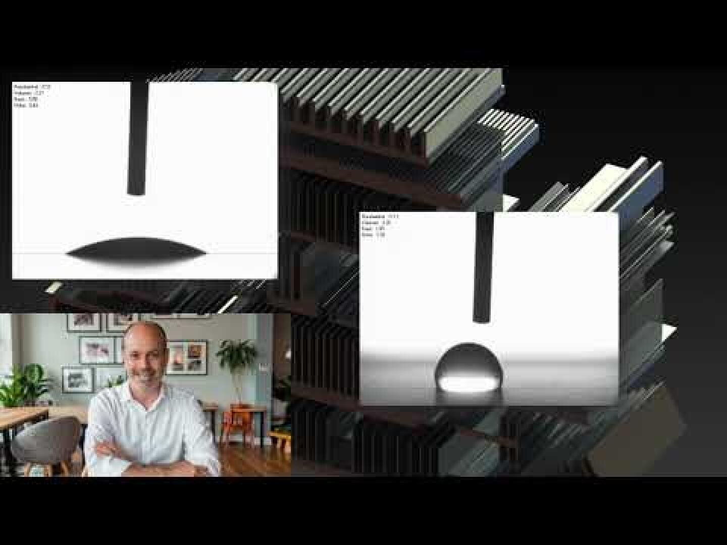 Ein Mann sitzt lächelnd an einem Schreibtisch in einem modernen Raum. Überlagert werden zwei wissenschaftliche Bilder, die Flüssigkeitstropfen im Zusammenspiel mit einem schwarzen Stab zeigen, die jeweils mit Zahlen beschriftet sind, vor einem Hintergrund aus geometrischen Strukturen.