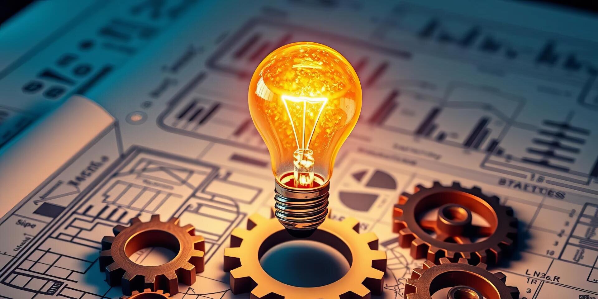 Eine leuchtende Glühbirne steht zwischen bronzenen Zahnrädern auf Blaupausen und symbolisiert Innovation, Ideen und technische oder mechanische Konzepte.