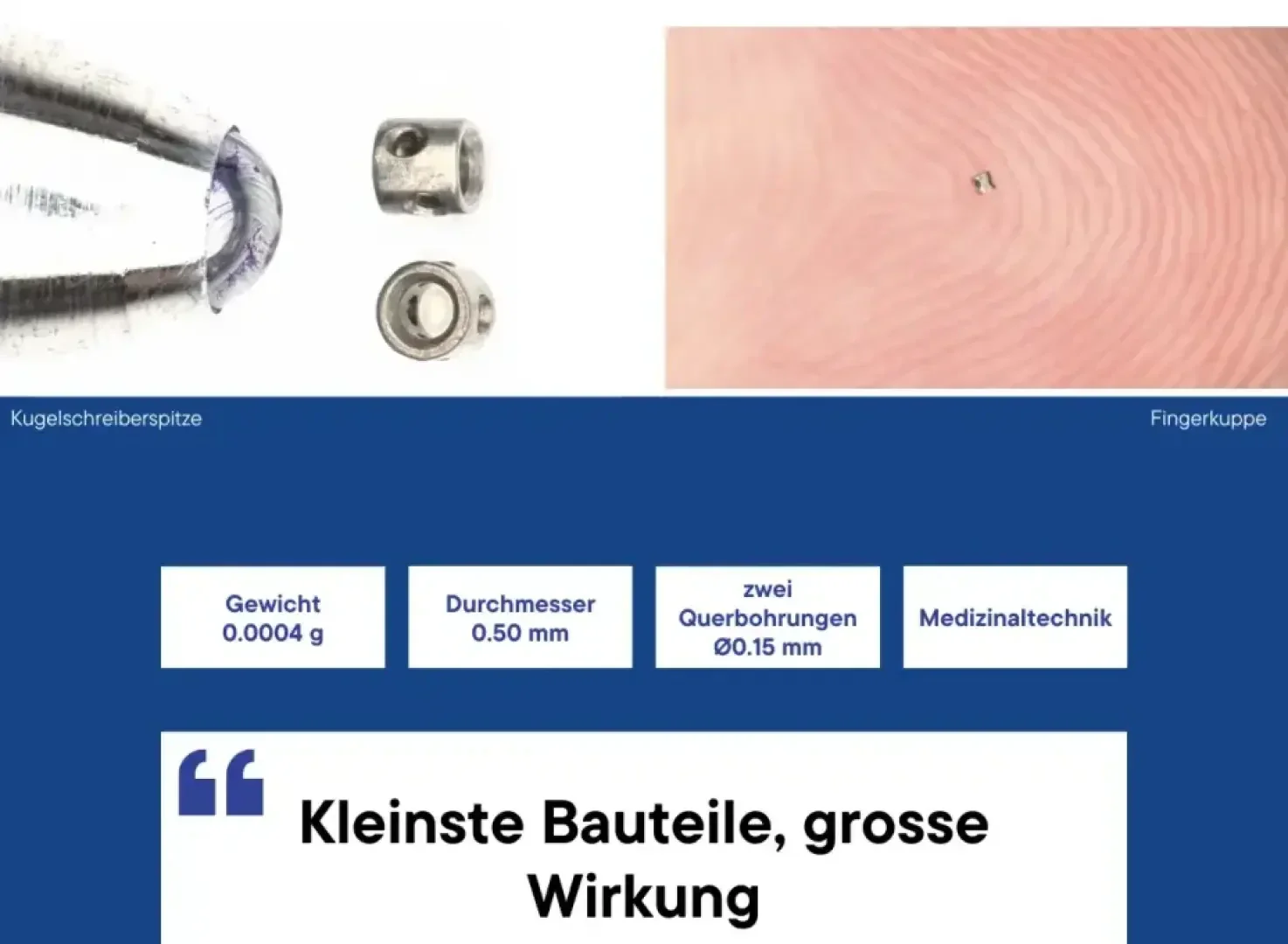 Nahaufnahme winziger Metallteile, darunter eines auf einer Fingerspitze, mit folgenden Angaben: Gewicht 0,0004 g, Durchmesser 0,50 mm, zwei Querbohrungen 0,15 mm, Einsatz in der Medizintechnik. Deutscher Text: Kleinste Bauteile, große Wirkung...