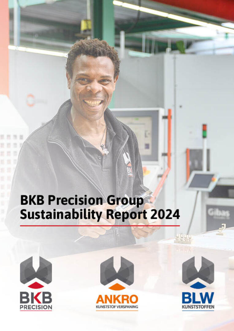 A man in a black BKB Precision jacket smiles as he stands in a modern industrial hall. The text reads BKB Precision Group Sustainability Report 2024 above the logos of BKB Precision, ANKRO and BLW Kunststoffen.