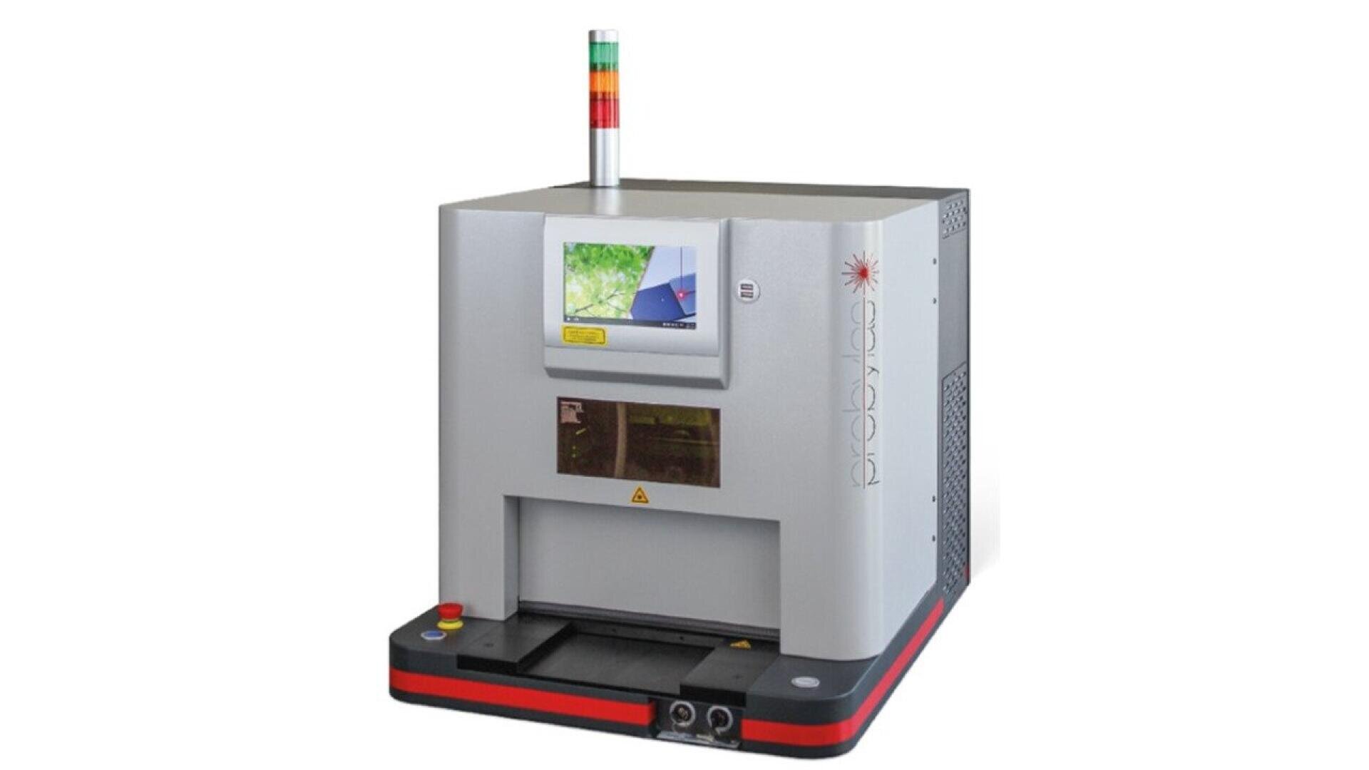 A gray industrial laser marking machine with a control screen, signal tower light, and safety warnings, placed on a white background. The machine has “prolase” branding on the right side.