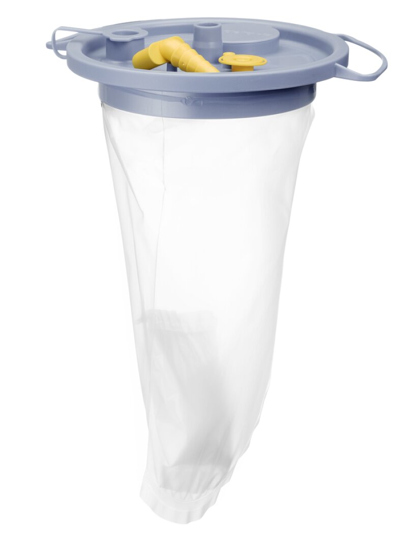 A white mesh filter bag with a blue plastic lid with two handles and a yellow, angled pipe connection on the top.
