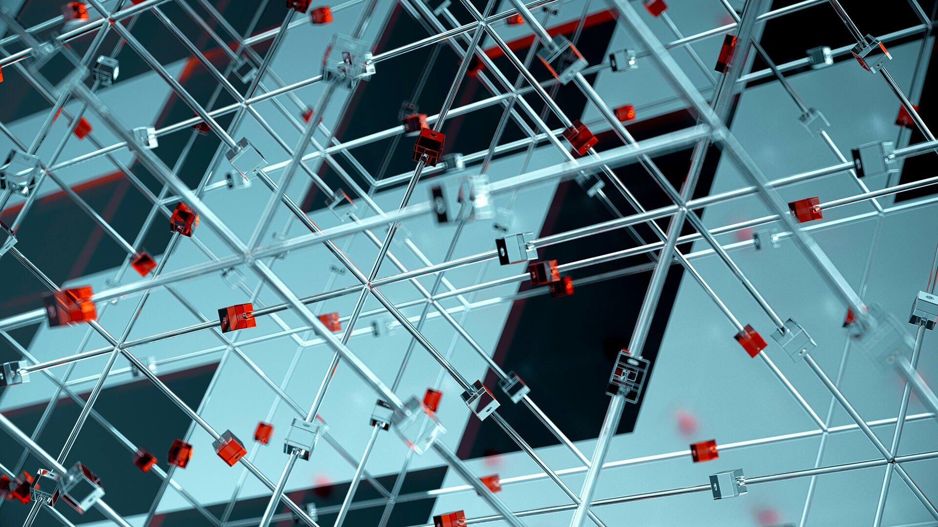 Abstraktes 3D-Rendering von sich kreuzenden transparenten Stäben und schwebenden roten und schwarzen Würfeln, die ein futuristisches Netzwerk oder digitales Gitter vor einem verschwommenen geometrischen Hintergrund bilden.