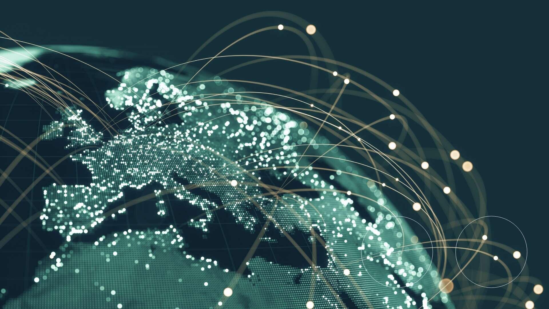 A digital rendering of the Earth with a focus on Europe, showing glowing data points and curved lines representing global digital connections and data transfers around the world.