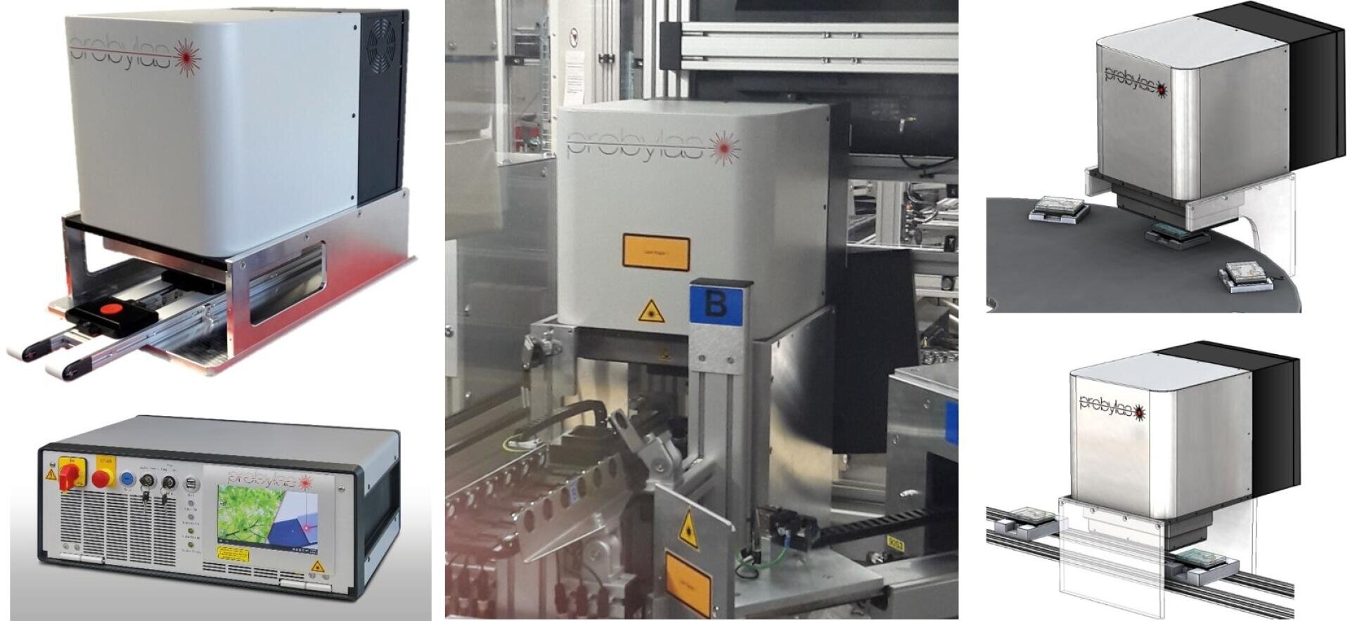 Eine Collage von industriellen Laserbeschriftungsmaschinen und Steuergeräten in verschiedenen Umgebungen. Sie zeigt Nahaufnahmen und verschiedene Blickwinkel der Geräte, die zur präzisen Beschriftung oder Gravur von Produkten verwendet werden.