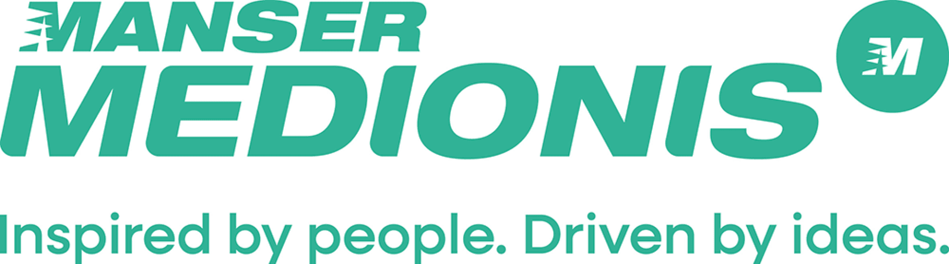 Grünes und weißes Logo mit dem fettgedruckten Schriftzug MANSER MEDIONIS und dem Slogan Inspired by people. Angetrieben von Ideen. Ein stilisiertes M erscheint in einem grünen Kreis auf der rechten Seite.