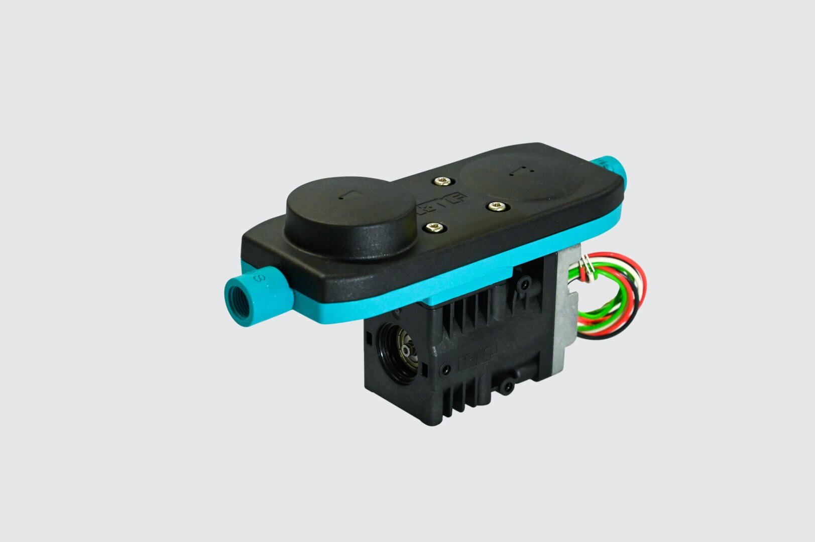 A close-up of a black and blue electronic component with colored wires attached, featuring a cylindrical connector on one side and a rectangular base, against a plain light gray background.