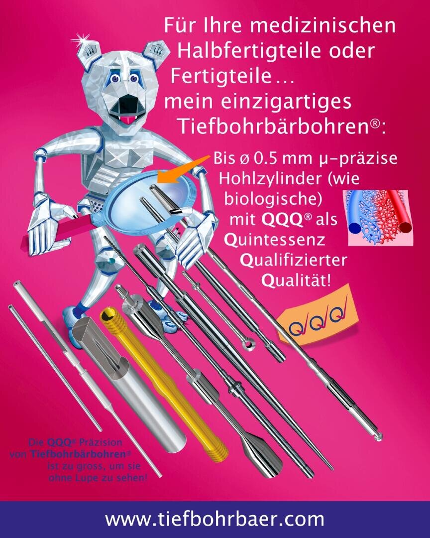 Ein Cartoon-Bärenroboter hält eine Bohrmaschine, umgeben von verschiedenen Metallbohrern. Der deutsche Text wirbt für präzise Tiefbohrwerkzeuge und Qualität, mit einem rosa Hintergrund und einem Link zur Website am unteren Rand.