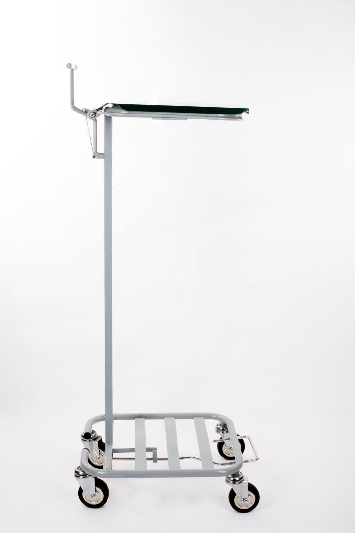 A medical instrument stand with a flat rectangular tray on top, supported by a metal frame and four wheels, shown against a plain white background.