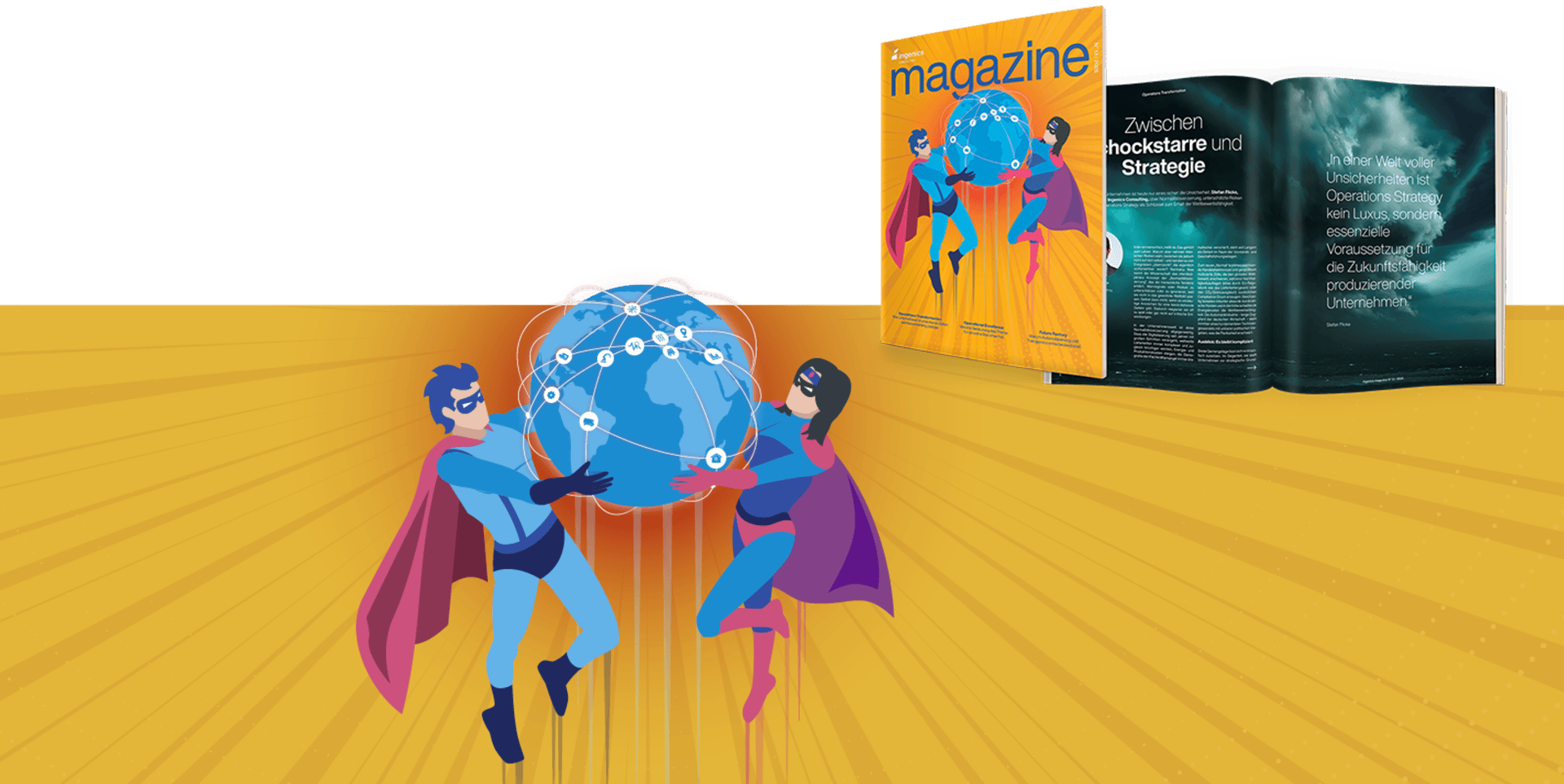 Zwei Cartoon-Superhelden, ein Mann und eine Frau, halten einen leuchtenden Globus mit Netzlinien. Über ihnen befindet sich ein gelbes Magazincover mit ihrem Bild und ein aufgeschlagenes Magazin mit einem Artikel mit Text und einem Meeresfoto.