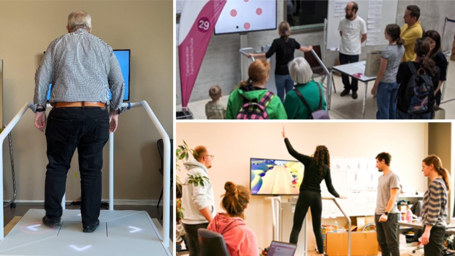 Eine Collage, die Folgendes zeigt: links ein Mann, der ein Gerät zur Erfassung von Bewegungen benutzt; oben rechts eine Gruppe, die an einer technischen Demonstration teilnimmt; unten rechts eine Frau, die ein Balance Board vor einem Bildschirm benutzt und von anderen Personen beobachtet wird.