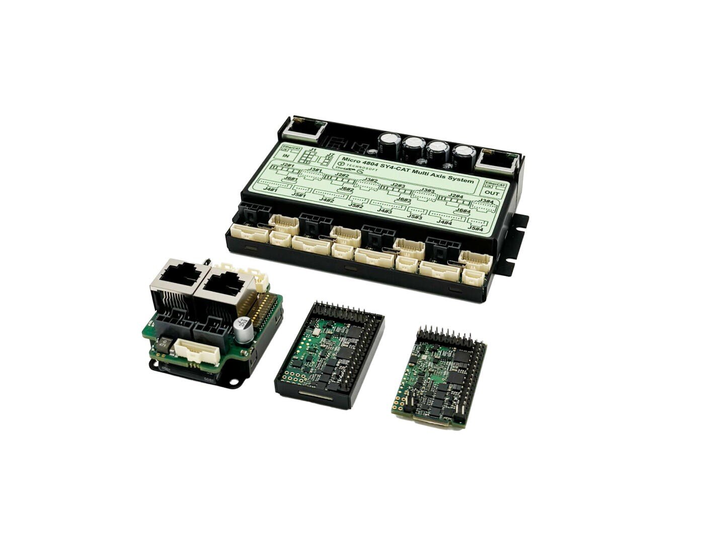 Four electronic circuit modules, including one large black controller with labeled connectors and three smaller circuit boards, arranged on a white background.