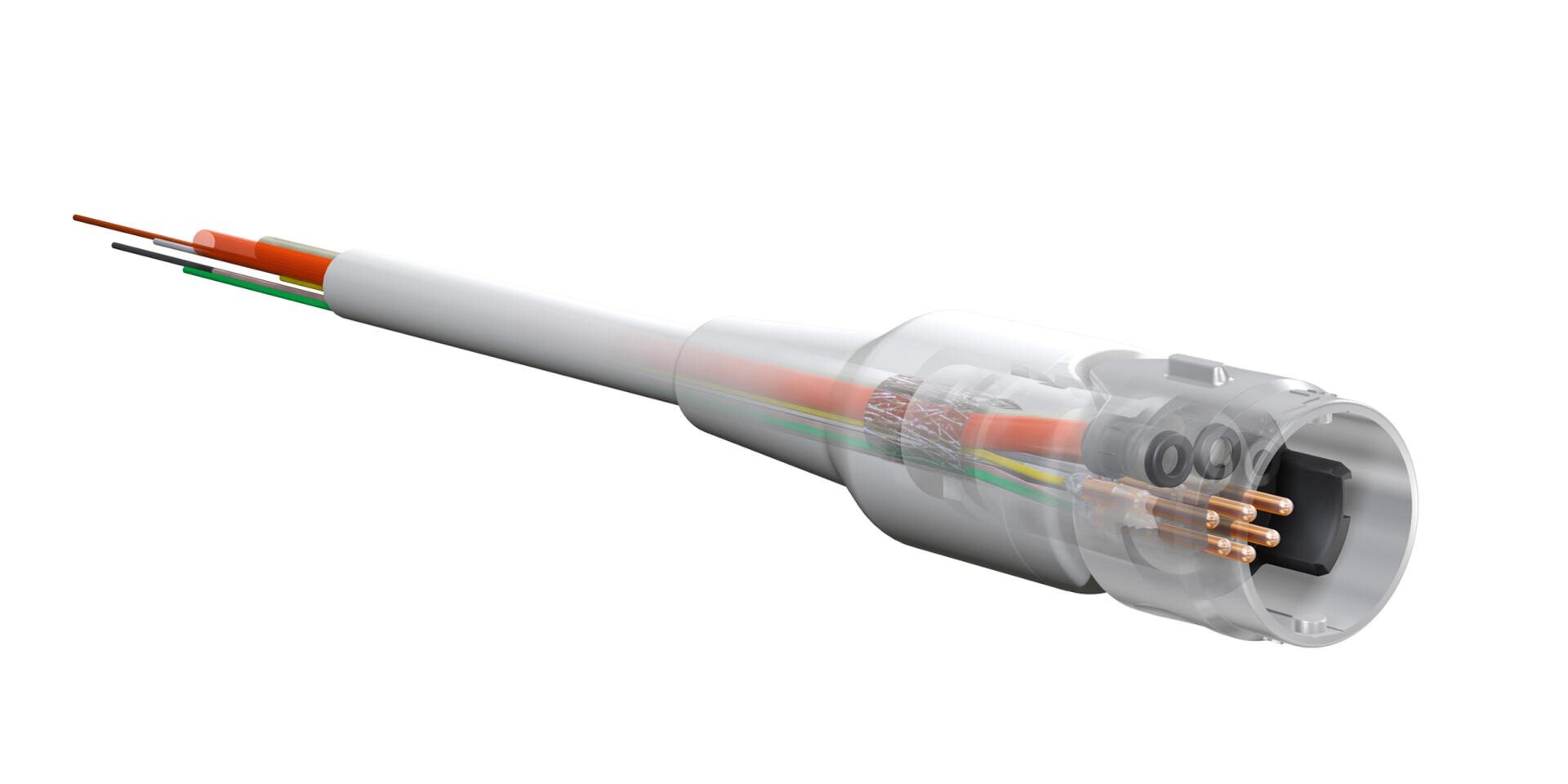 Ein 3D-gerendertes Bild eines aufgeschnittenen Hybridkabels. Es zeigt sowohl zwei Luftschläuche als auch sechs elektrische Leiter in einer umspritzten weißen Außenhülle. Die inneren Komponenten sind sichtbar und farbcodiert.