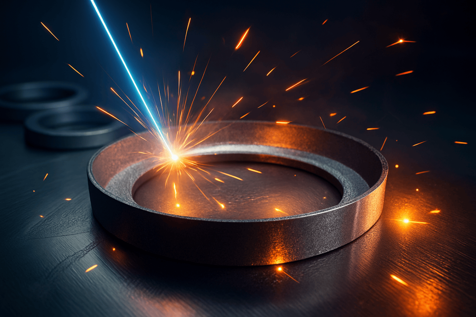 Ein fokussierter Laserstrahl trifft auf einen Metallring und erzeugt leuchtend orangefarbene Funken und leuchtende Lichteffekte auf einer dunklen Oberfläche, was die Präzisionsmetallbearbeitung oder das Laserschneiden veranschaulicht.