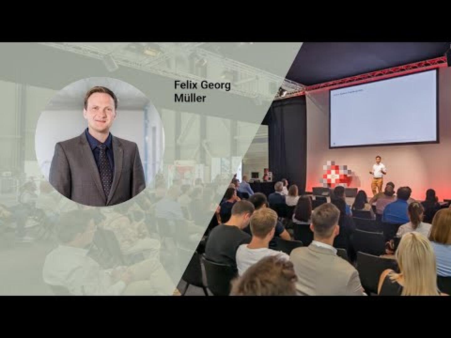 A man named Felix Georg Müller can be seen in a circular inset on the left, while the audience watches a speaker presenting slides on stage in a modern event room (right).