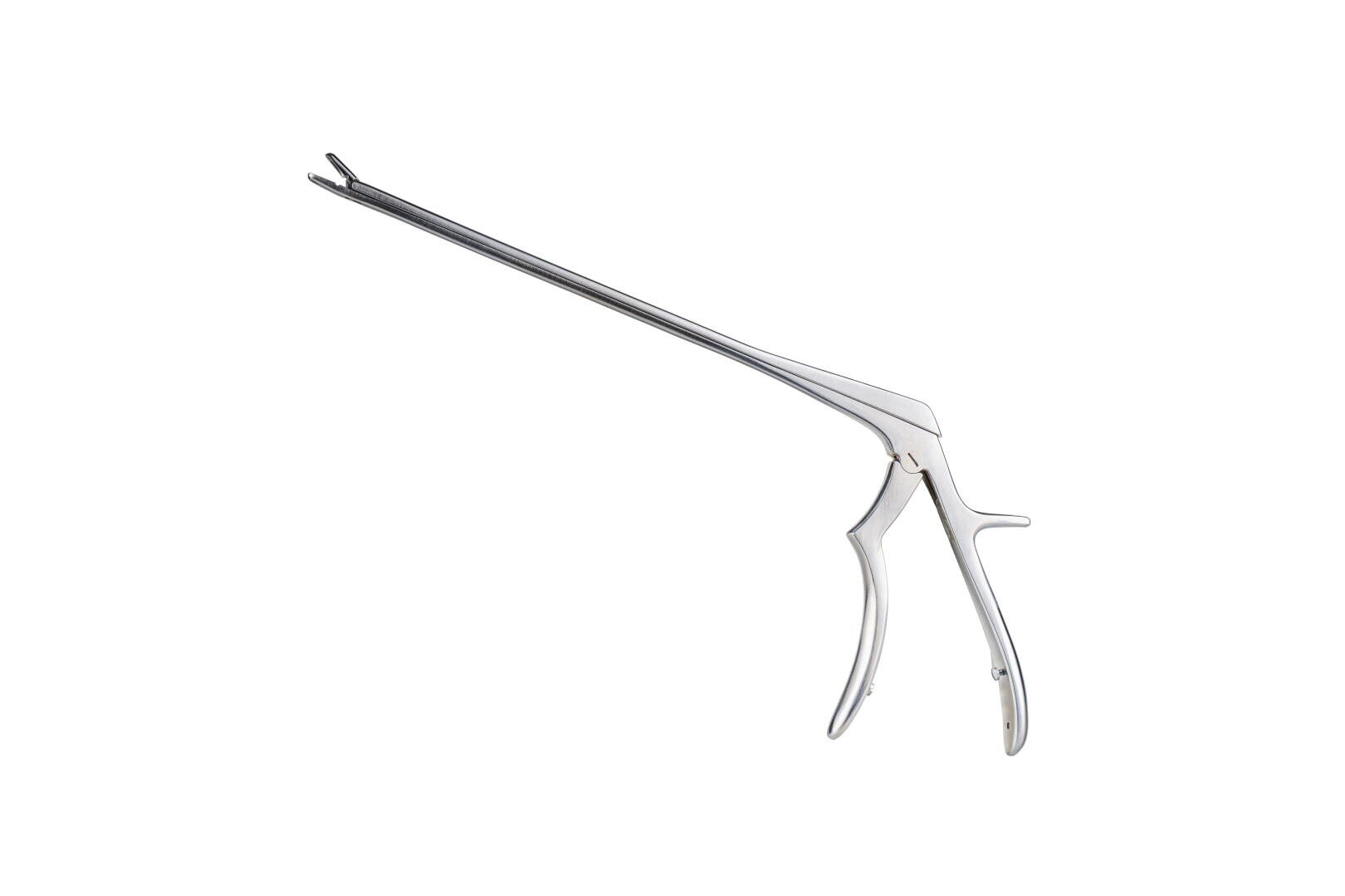 A stainless steel surgical instrument with long, angled jaws and scissor-like handles, used for gripping or cutting during medical procedures, isolated on a white background.