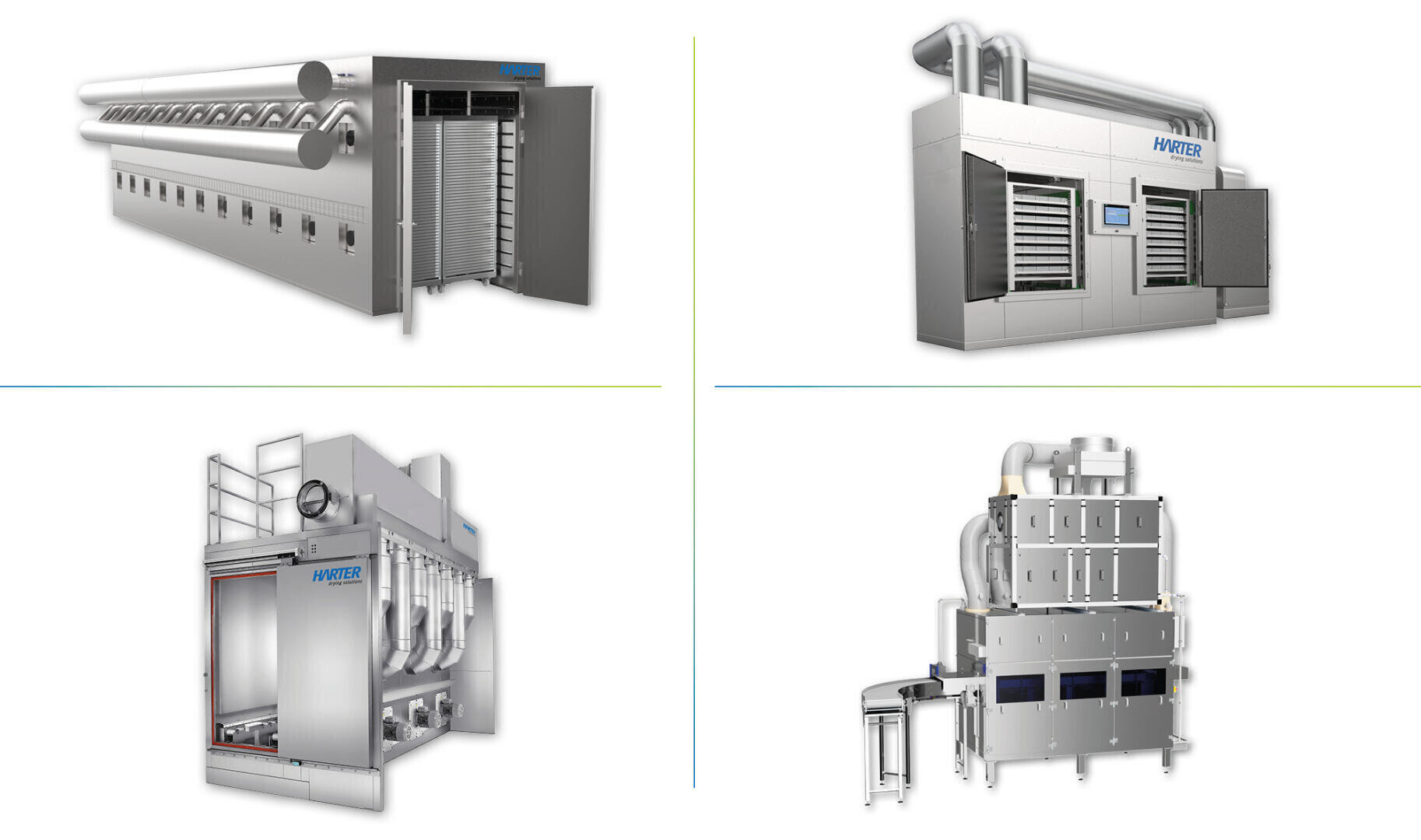 Four different large, industrial food processing machines are shown in a two-by-two grid; each is metallic and has the HYPER logo, with pipes, vents, and control panels visible on each unit.