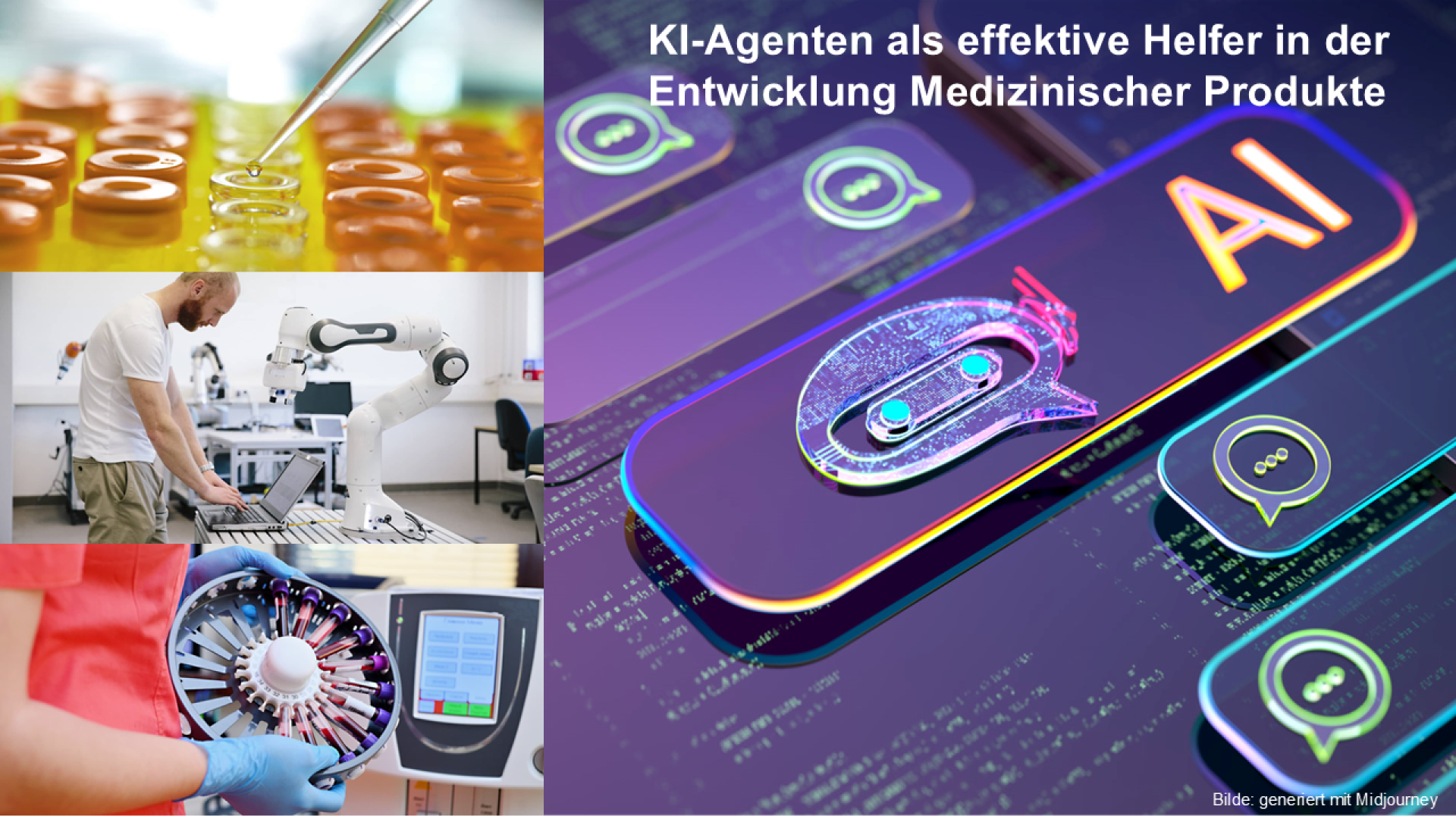 Collage über Laborforschung, Robotik und KI-Technologie. Links: Wissenschaftler und Roboter arbeiten mit Laborgeräten und Proben. Rechts: digitale KI-Taste mit futuristischer Grafik. Der deutsche Text erörtert KI in der medizinischen Produktentwicklung.