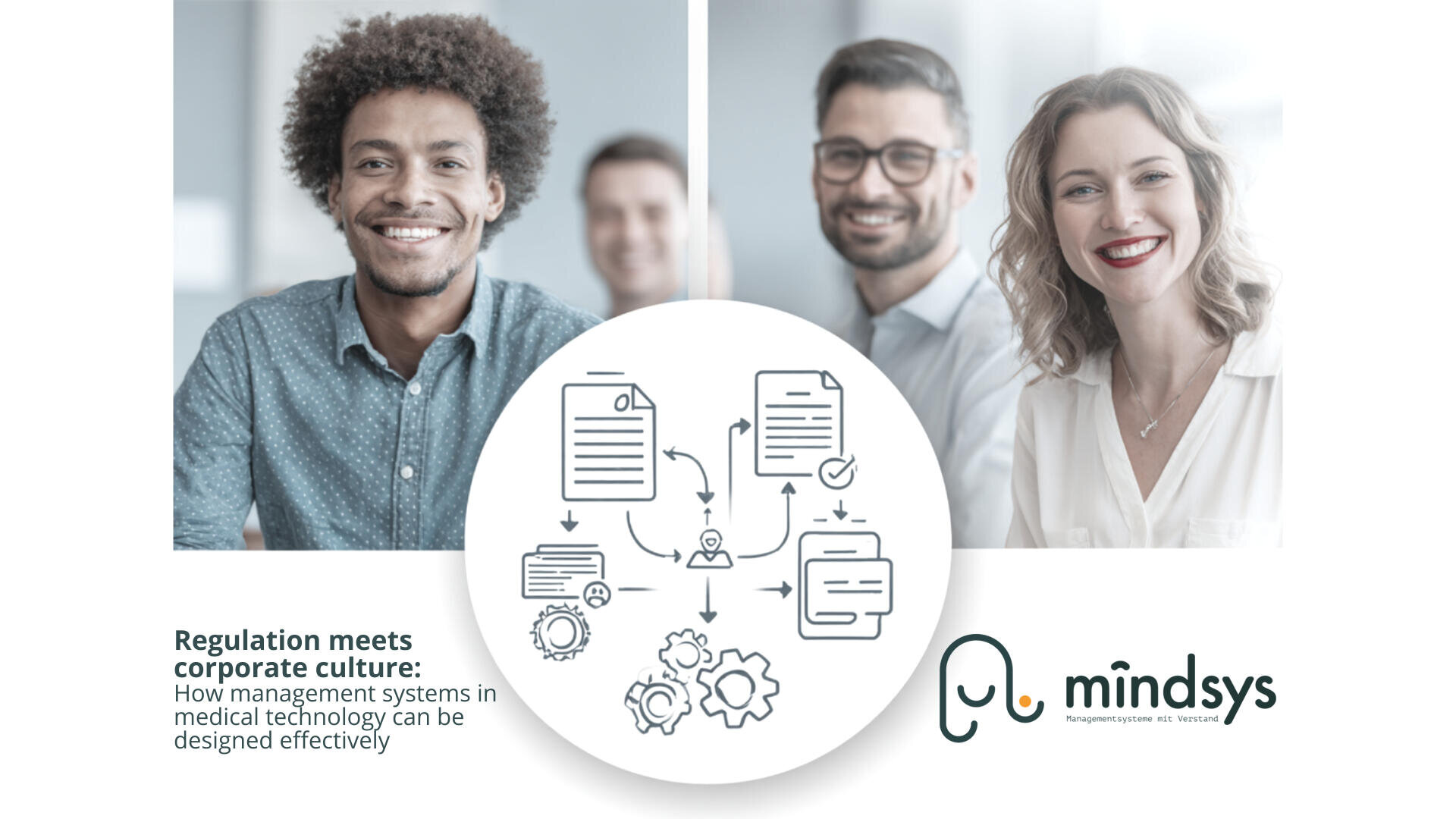 Three smiling professionals sit together in an office. In the foreground, a circular graphic shows interconnected documents and gears. Text reads: Regulation meets corporate culture: How management systems in medical technology can be designed effectively. mindsys.
