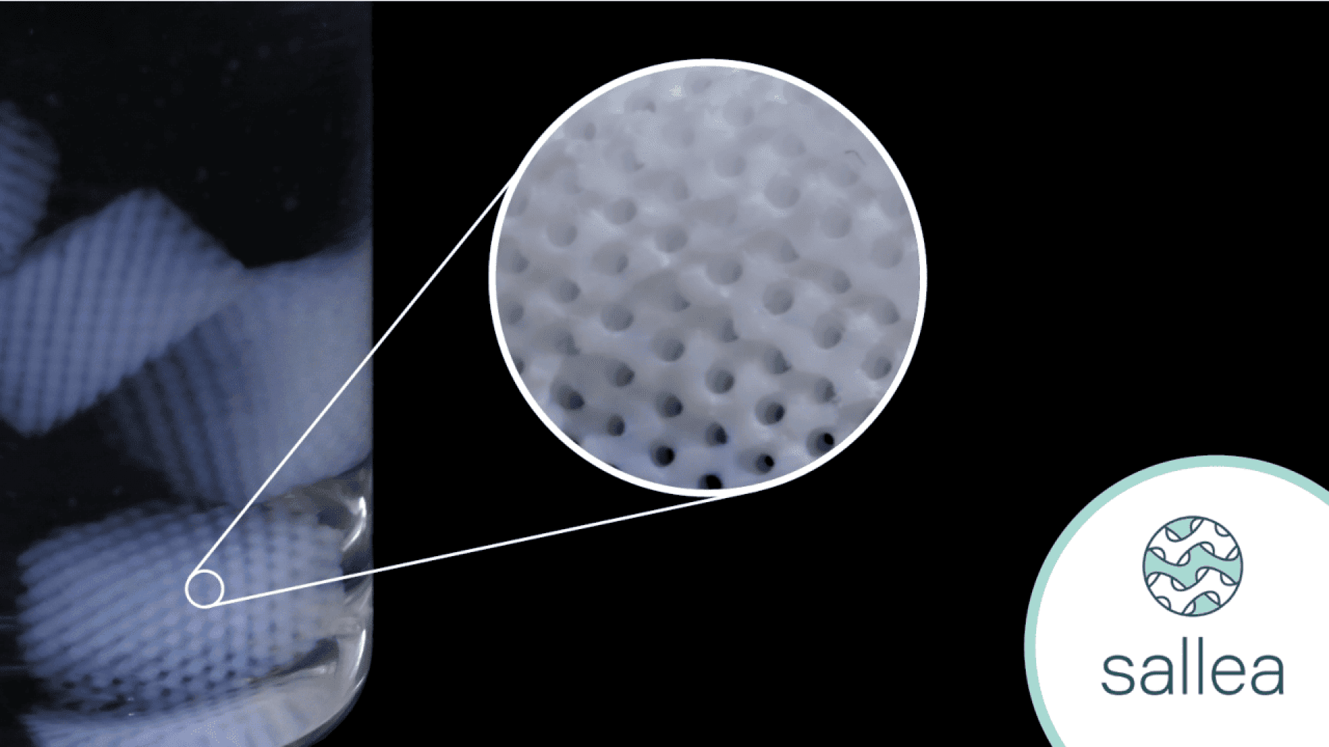 A close-up view of white, cylindrical mesh structures submerged in liquid, with a magnified inset highlighting their porous texture. The Sallea logo appears in the bottom right corner.