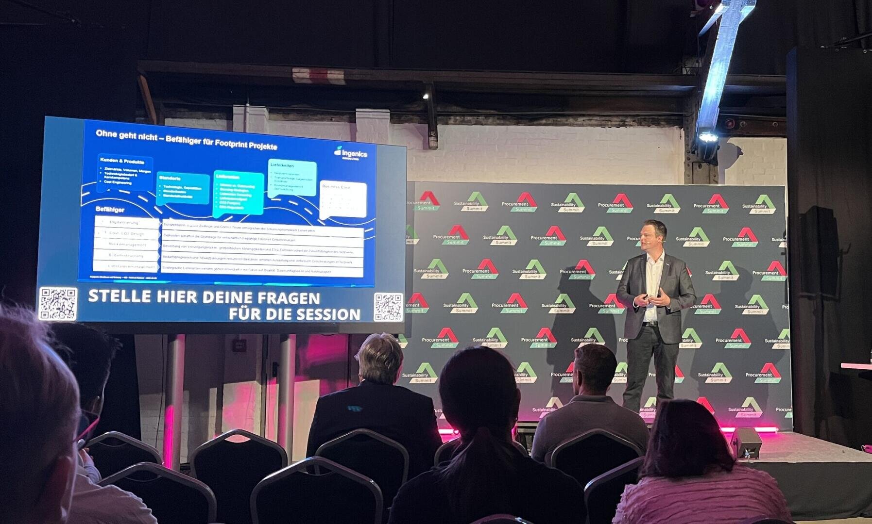 A speaker stands on stage and introduces himself to the audience. A flowchart and the text "Ask your questions for the session here" are displayed on a large screen. A brand wall with logos can be seen in the background.