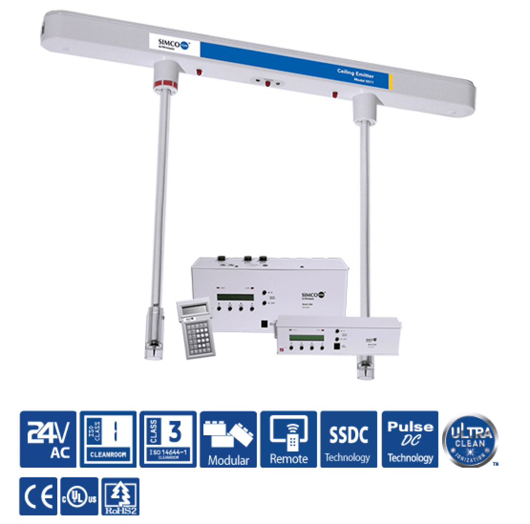 Ceiling-mounted electronic appliance system with control panels, keypad and labeled symbols for specifications and technologies, including 24 V AC, modular, remote-controlled, Pulse DC and Ultra Clean functions.