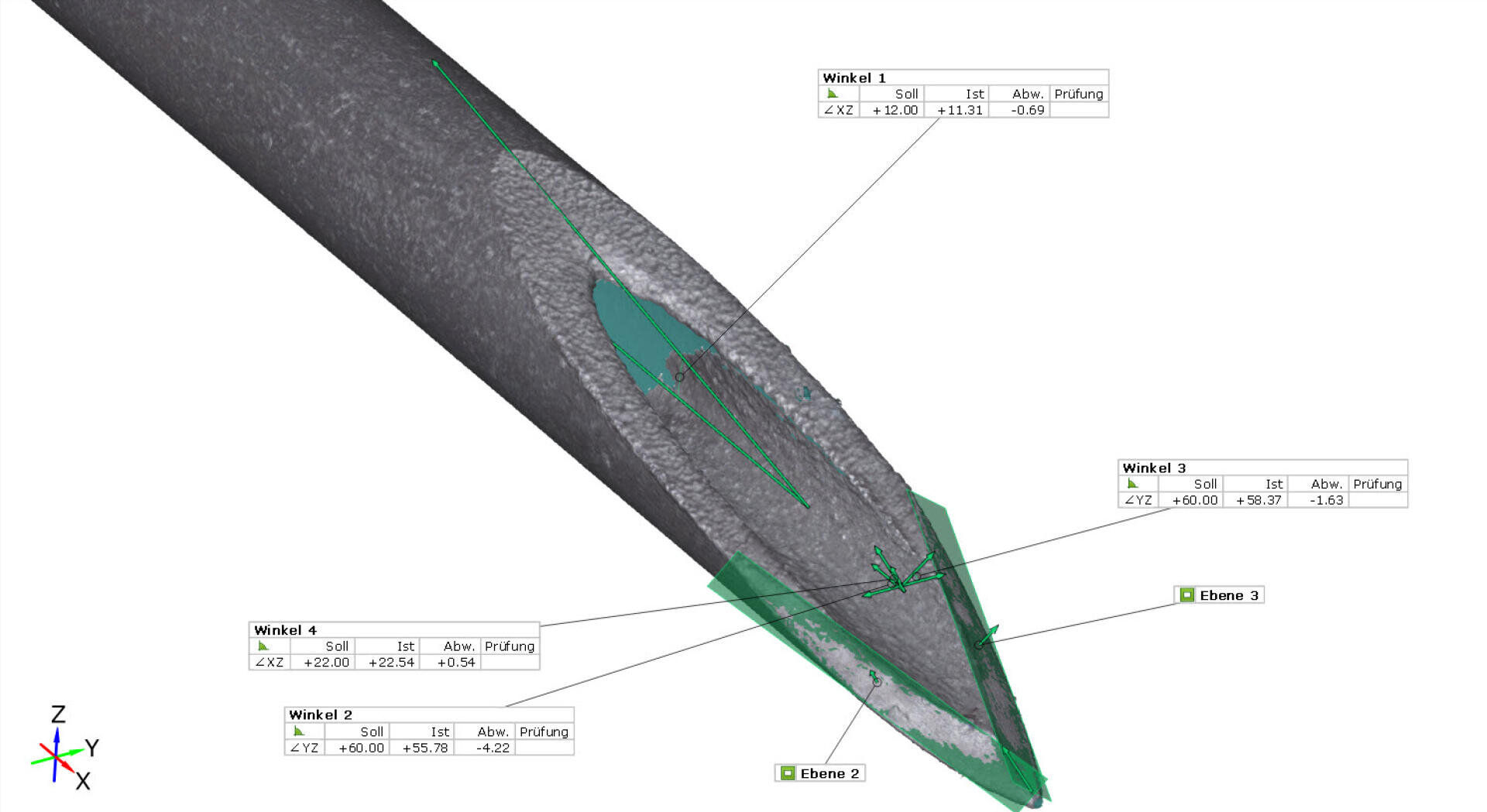 Ein beschrifteter 3D-Scan einer Nadelspitze in Nahaufnahme, der Oberflächenstruktur, Winkel und Messungen zeigt. Grün hervorgehobene Bereiche und Messmarken kennzeichnen bestimmte analysierte Abschnitte. Die Koordinatenachsen sind in der Ecke sichtbar.