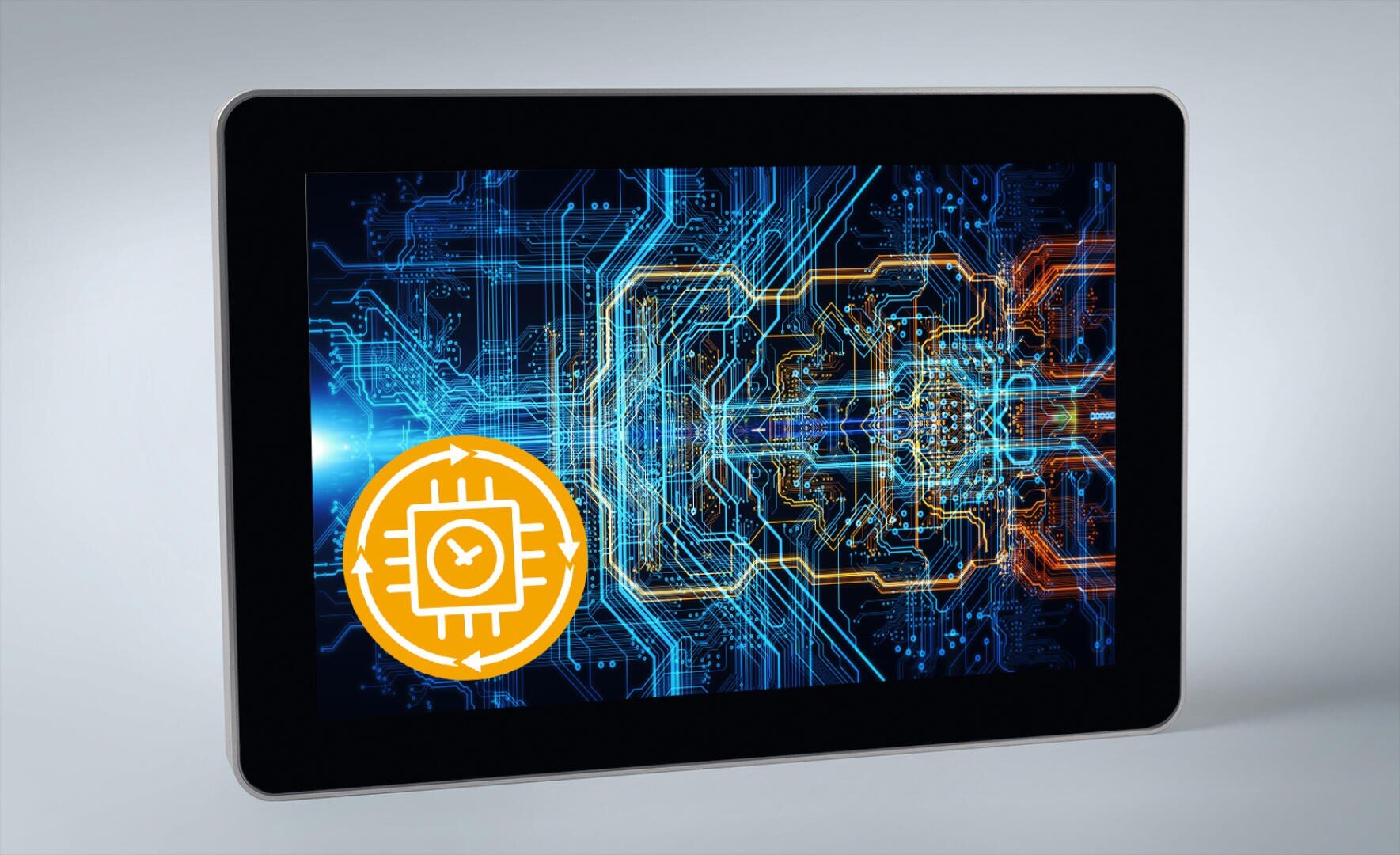 A tablet shows a digital circuit board with bright blue and orange lines overlaid by a yellow symbol of a computer chip with a clock symbol in the center.