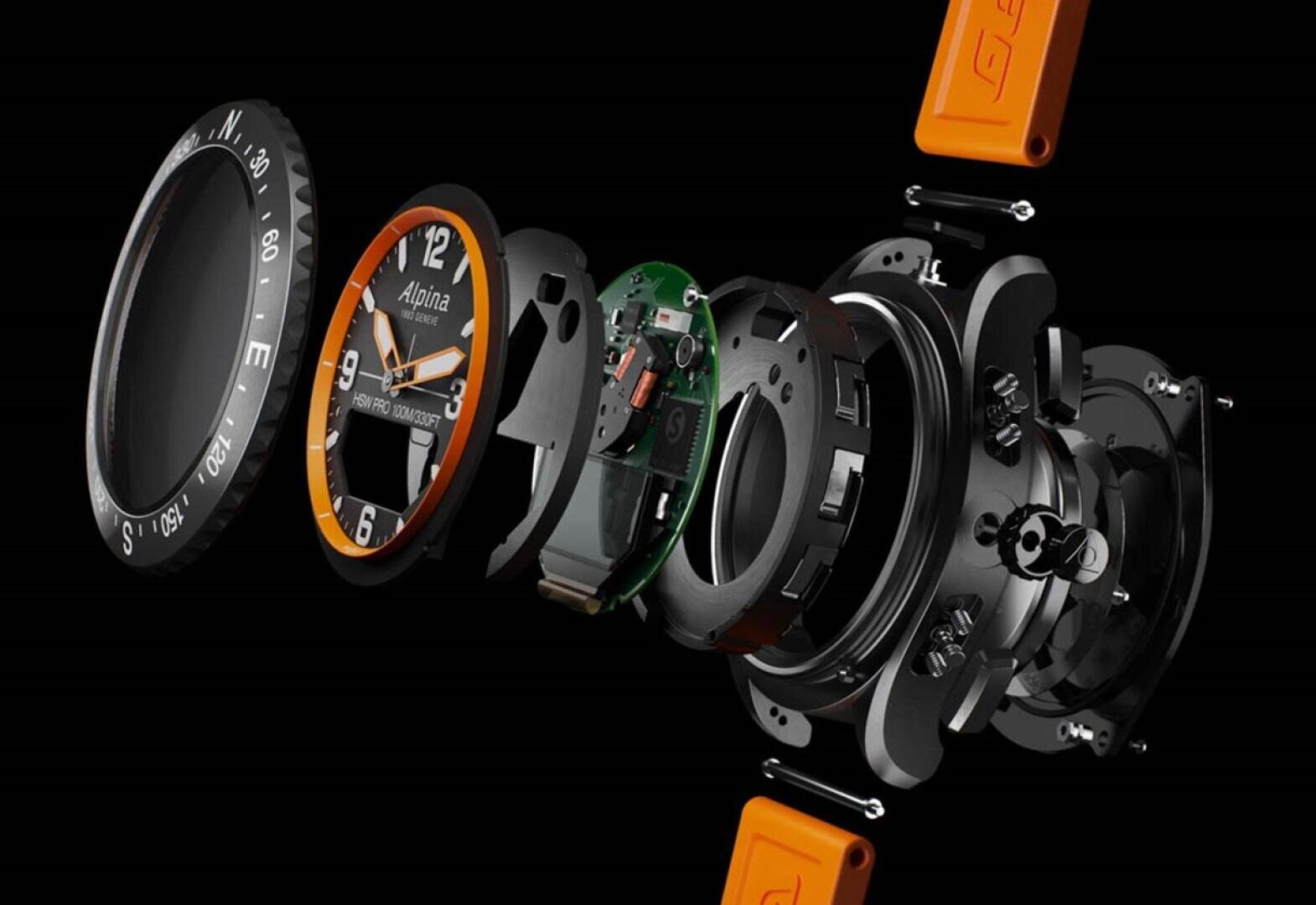 An exploded view of an orange and black wristwatch showing its components separated into layers, including the bezel, dial, internal circuitry, and case, with orange watchbands on either side against a black background.