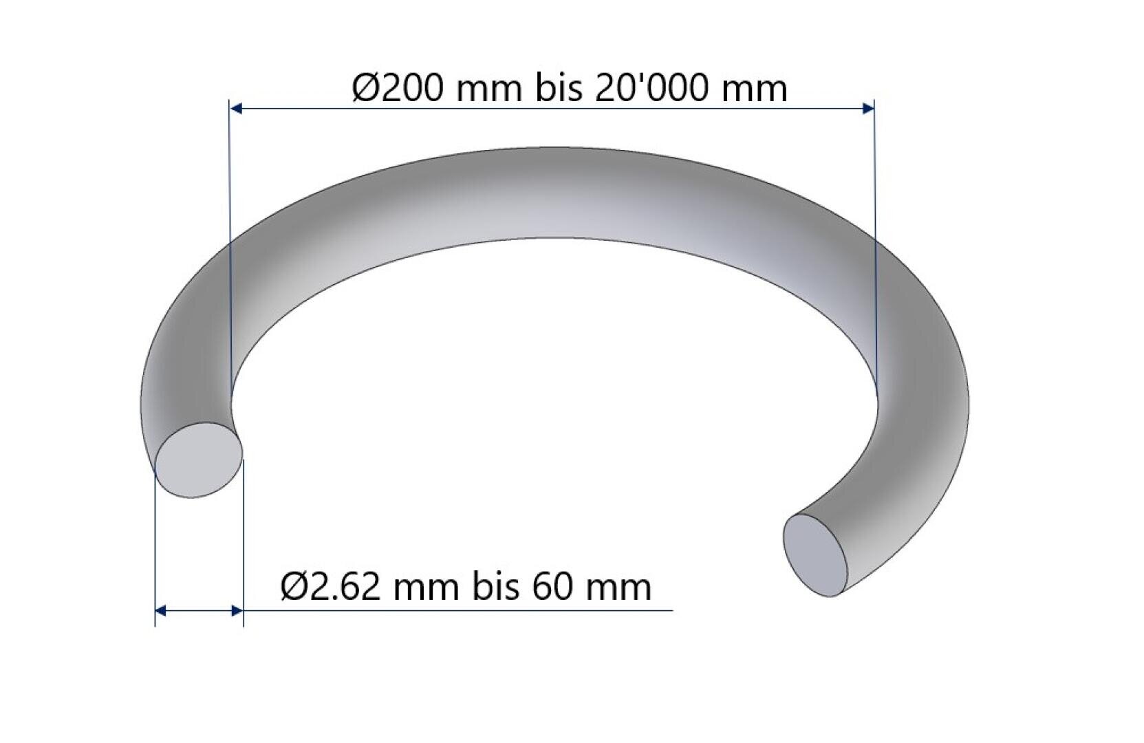Eine 3D-Darstellung eines großen, teilweise offenen Rings mit den Abmessungen: Außendurchmesser von 200 mm bis 20.000 mm und Querschnittsdurchmesser von 2,62 mm bis 60 mm, beschriftet in deutscher Sprache.
