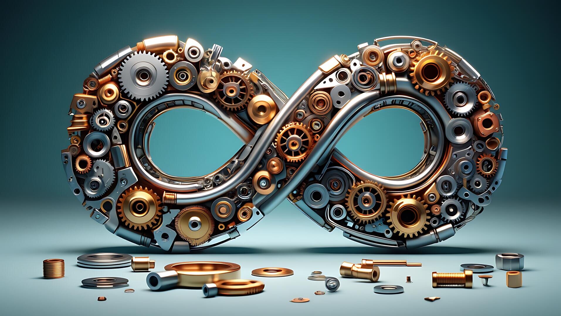 A metallic infinity symbol made of interconnected gears and mechanical parts rests on a blue-green surface, with other gears and components scattered in the foreground.