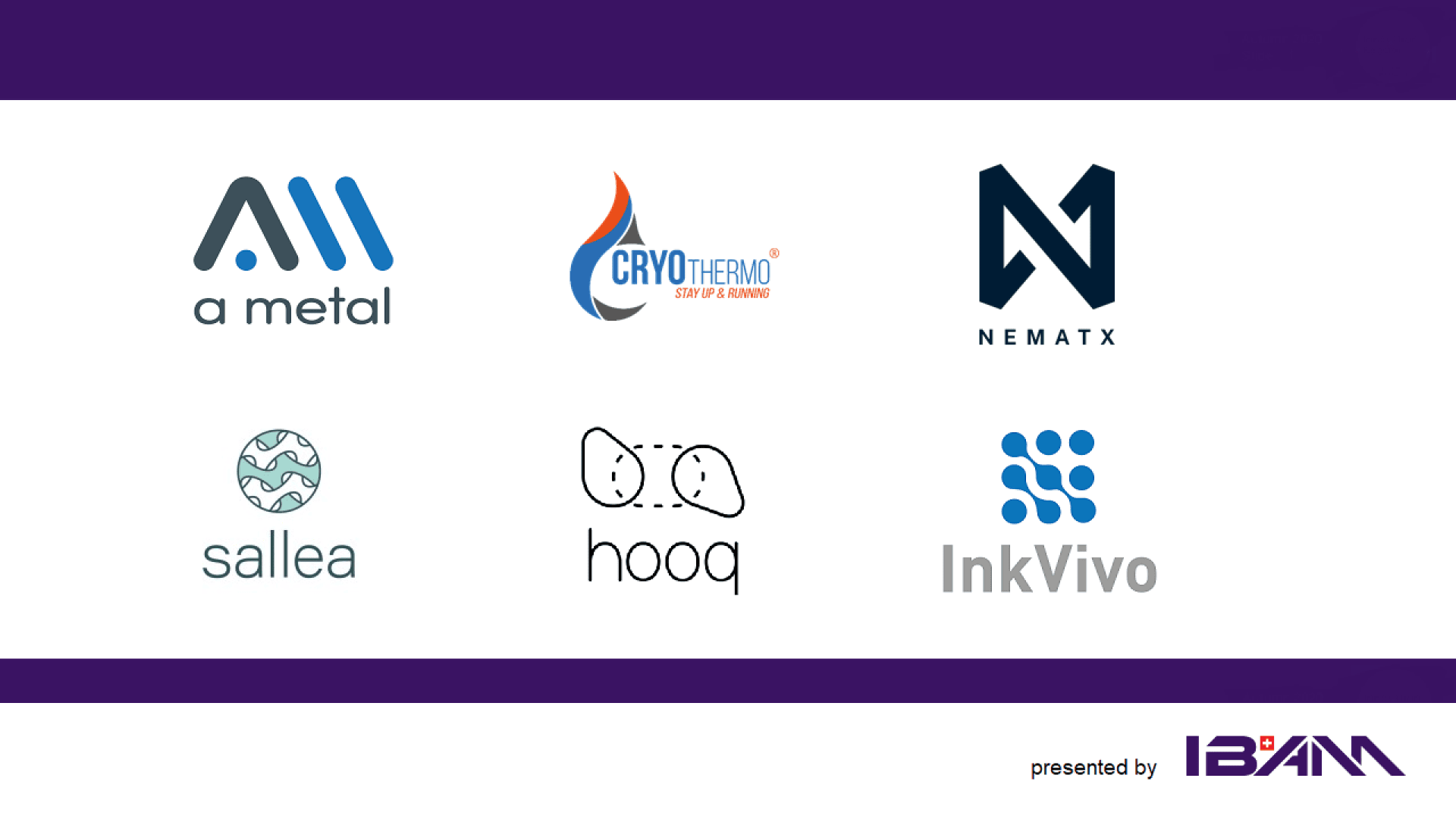 Eine Grafik zeigt sechs Firmenlogos: ein Metall, CRYOTHERMO, NEMATX, sallea, hooq, InkVivo. Am unteren Rand steht der Text "präsentiert von IBAM" auf lila-weißem Hintergrund.