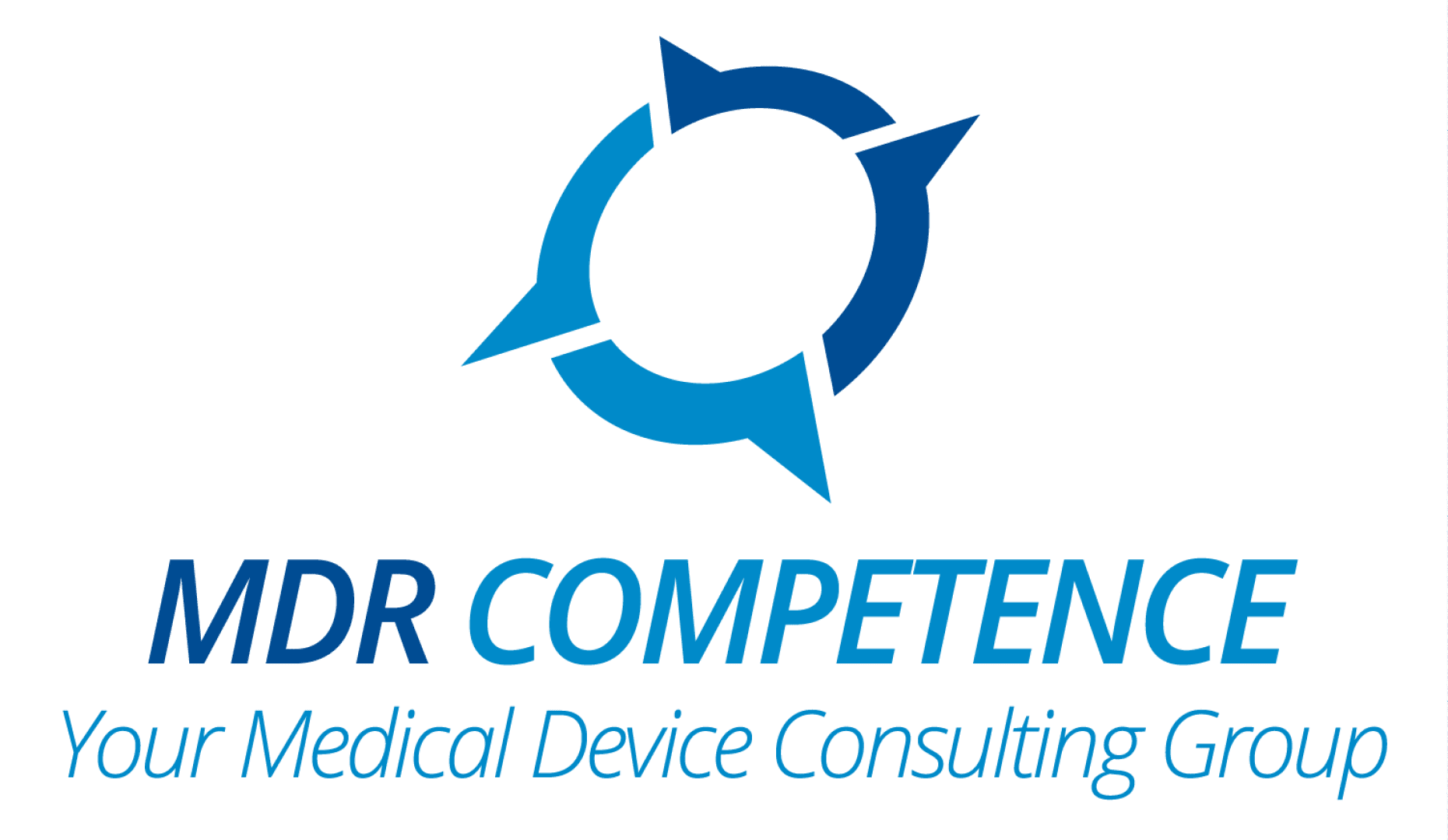 Logo with a circular blue compass above the lettering MDR COMPETENCE in bold blue lettering and below Your Medical Device Consulting Group in light blue italics.