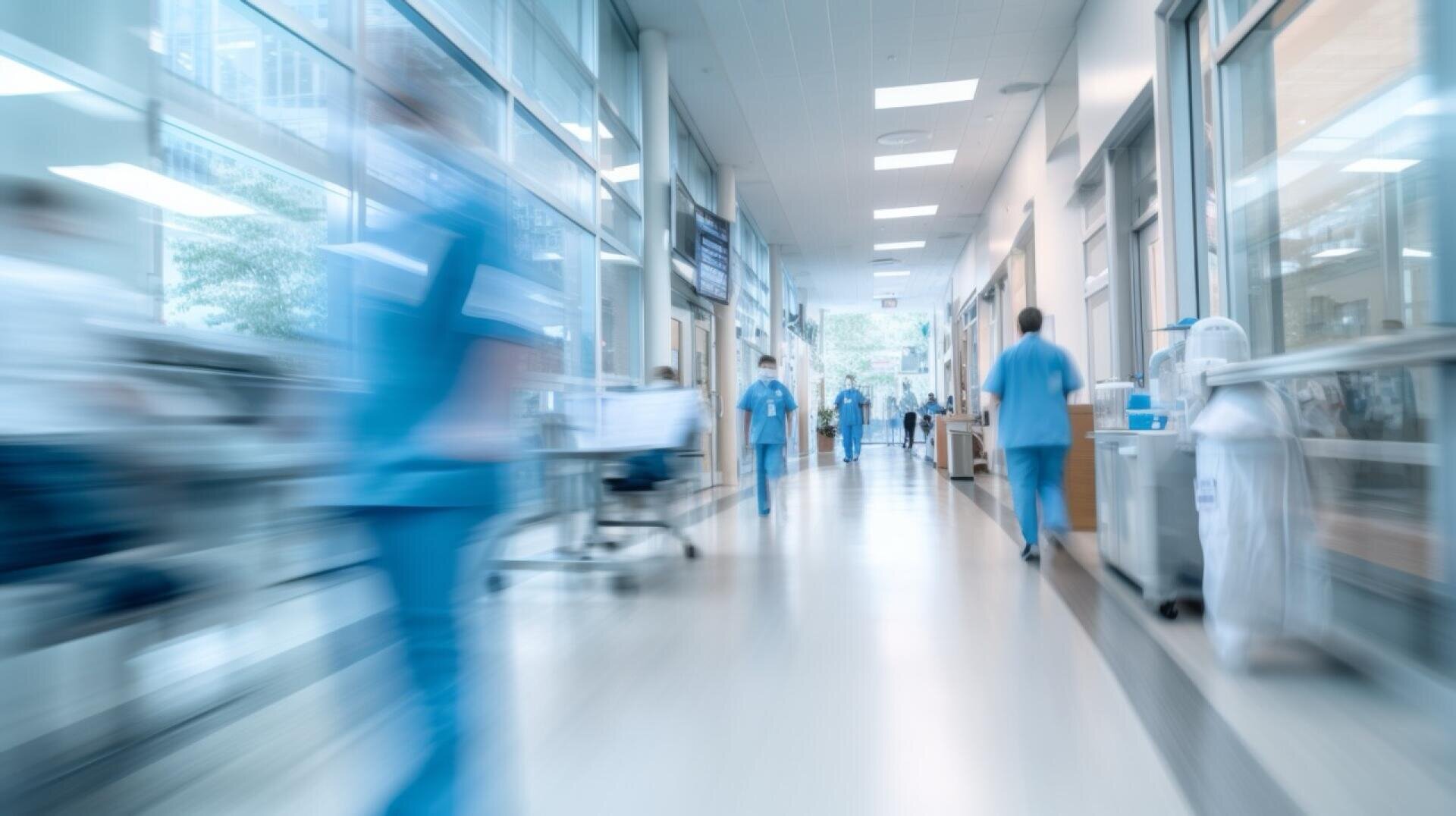 Unscharfes Bild von Mitarbeitern des Gesundheitswesens in blauen Kitteln, die durch einen hellen Krankenhausflur gehen, in dem medizinische Geräte und Fenster den Korridor säumen.