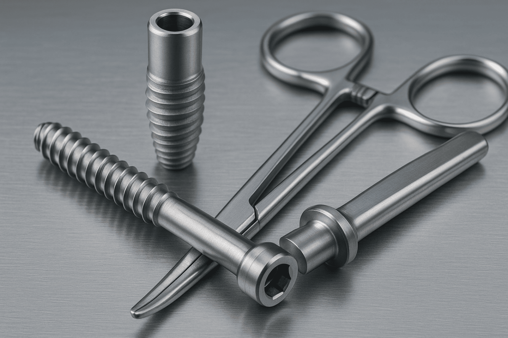 Two metal orthopaedic bone screws and two surgical instruments, which are typically used in orthopaedic surgery, lie on a brushed steel surface.