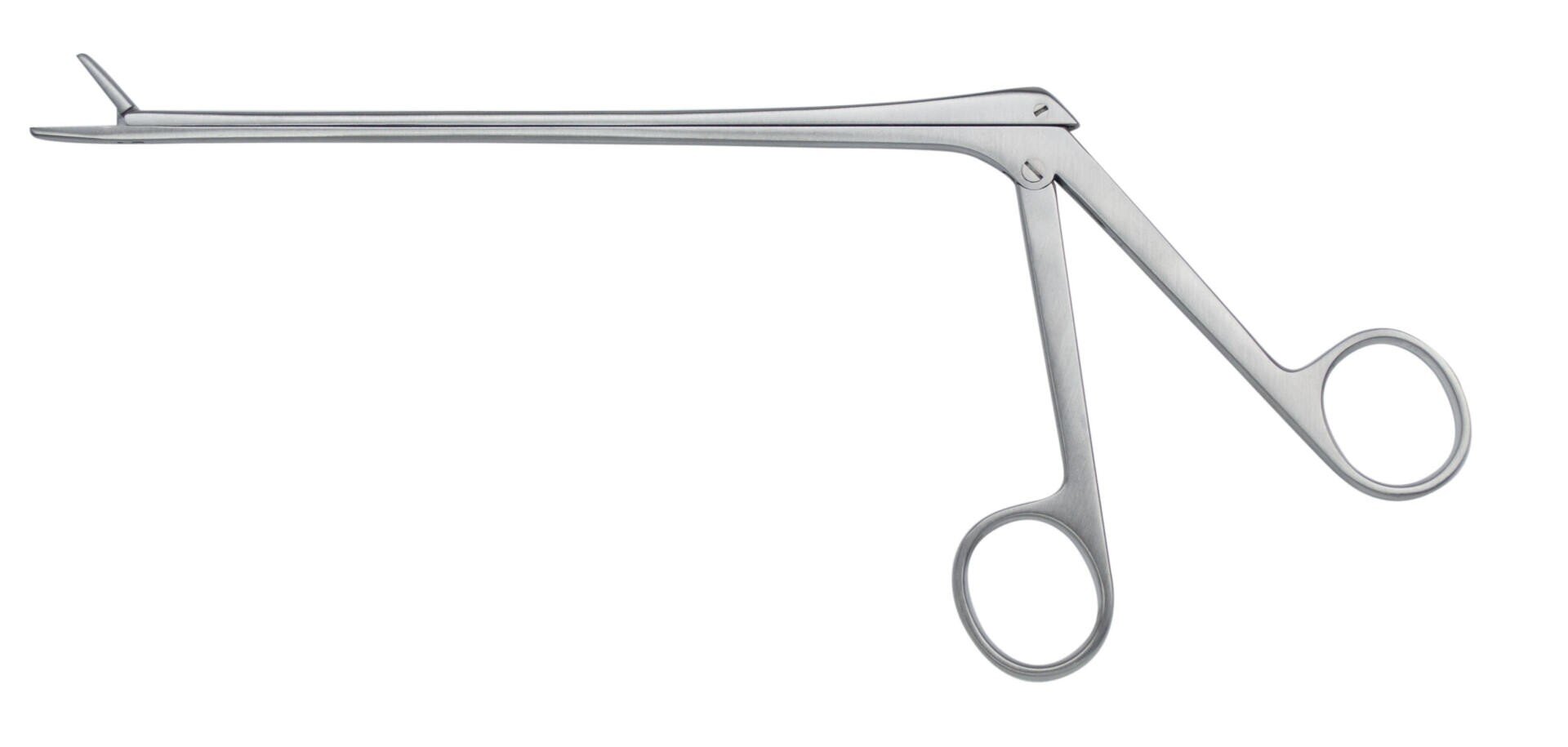 Ein chirurgisches Metallinstrument mit zwei Fingerringen und einem langen, abgewinkelten Schaft, der in kleinen, gebogenen Backen endet und zum Greifen oder Halten von Gewebe dient.