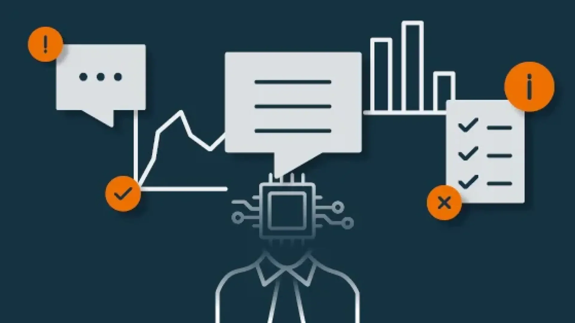 Illustration of a person with a computer chip as a head, surrounded by speech bubbles, diagrams, checklists and symbols for information, warnings and data analysis.