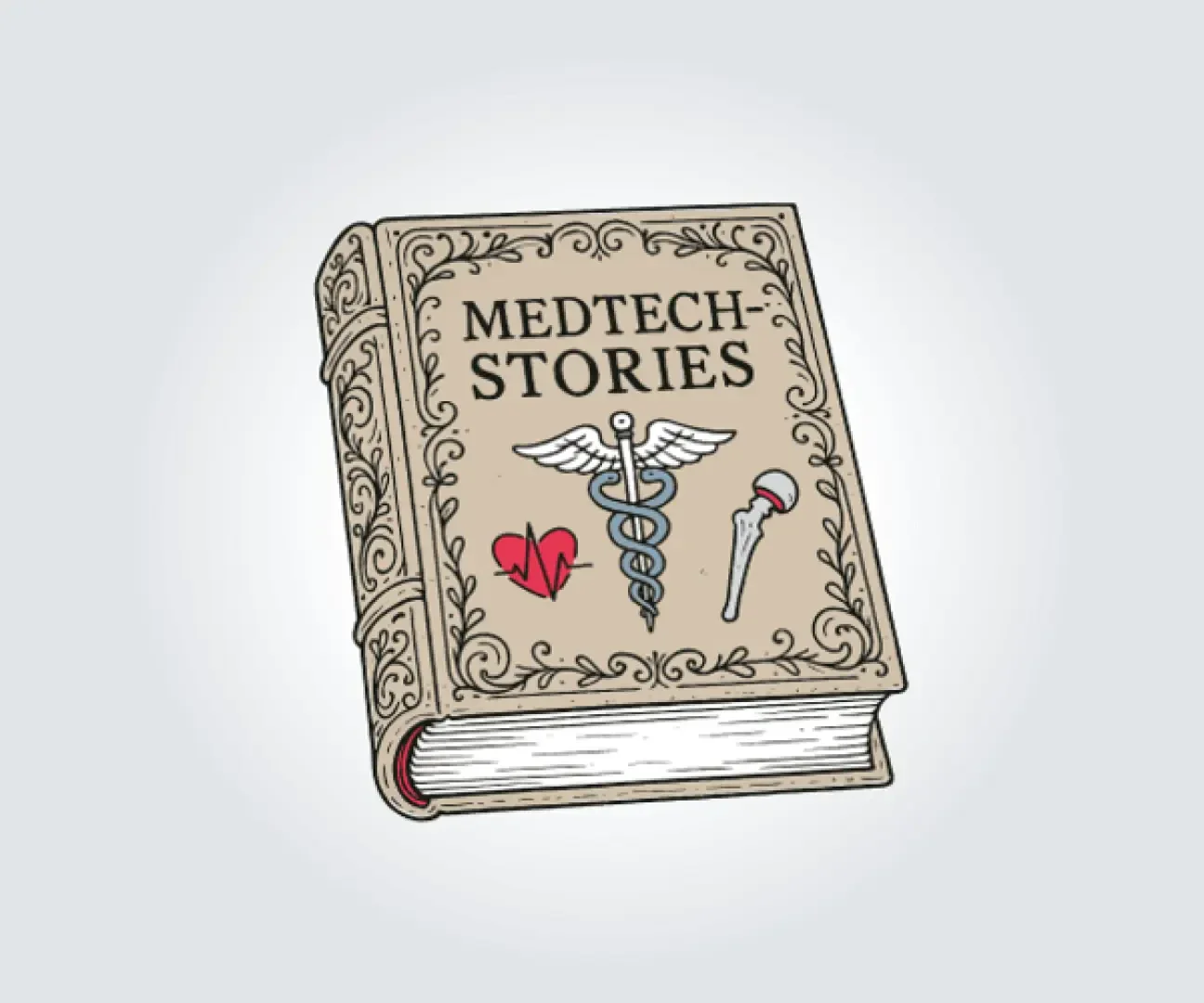 Ein illustriertes Buch mit dem Titel MedTech Stories mit einem Kadukt, einem Herzsymbol und einem Hüftimplantat auf dem Einband, umgeben von verzierten Bordüren, vor einem hellgrauen Hintergrund.