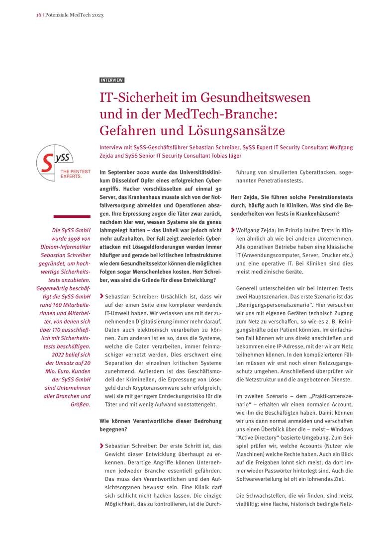Eine deutsche Magazinseite enthält einen Artikel über IT-Sicherheit im Gesundheitswesen und in der Medizintechnik, mit einer roten Überschrift, einer Seitenleiste in Rosa und zwei grauen Textspalten. Es gibt kein Bildmaterial, nur Text und grafische Akzente.