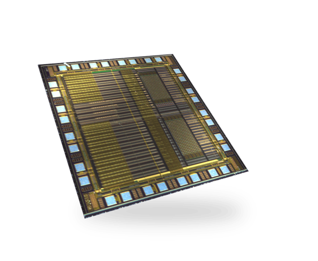 A close-up of a rectangular computer microchip or semiconductor with intricate golden circuits and metallic connections floating above a shadow on a plain green background.
