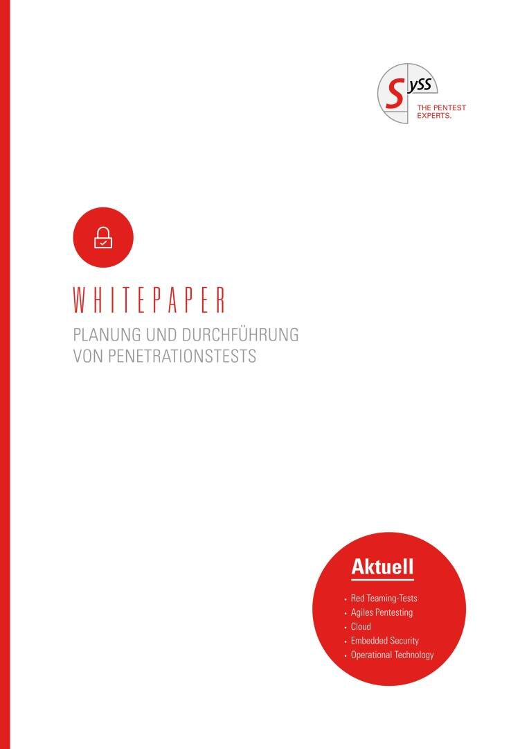 Titelseite eines Whitepapers mit dem Titel Planung und Durchführung von Penetrationstests mit dem SySS-Logo, einem roten Schloss-Symbol und einem roten Kreis, der Themen wie Red Teaming, Agile Pentesting und Cloud hervorhebt.
